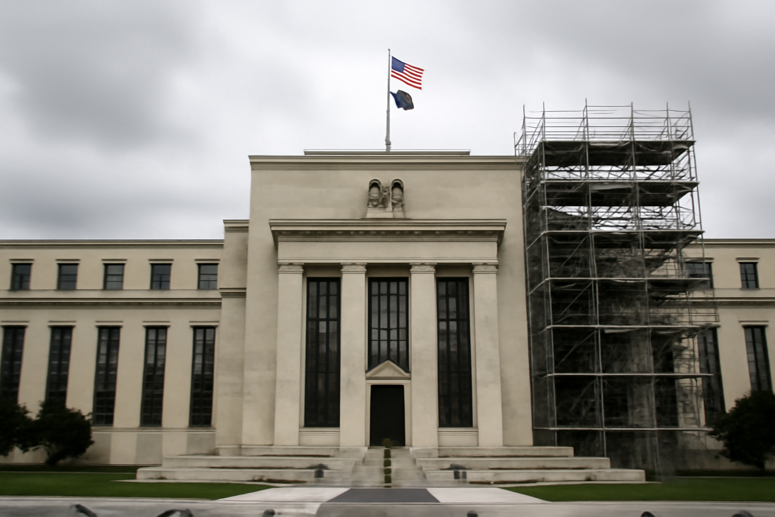Federal Reserve headquarters building in Washington with construction scaffolding along its facade