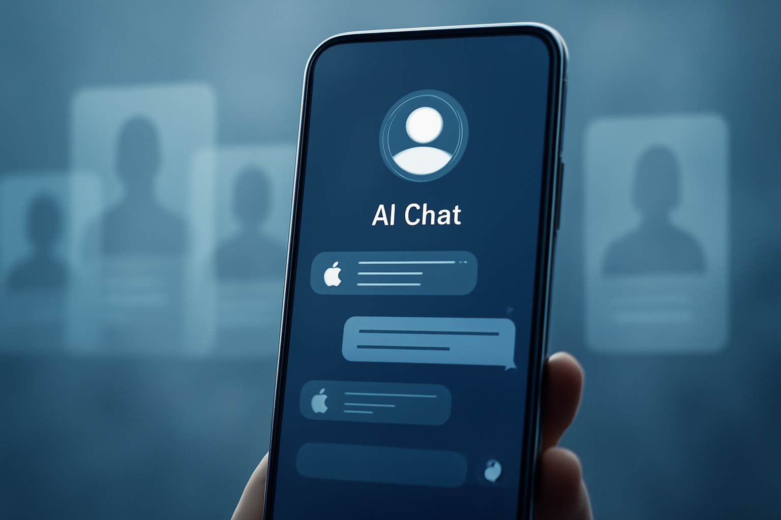 Smartphone screen showing an AI assistant chat interface with abstract profile cards in the background