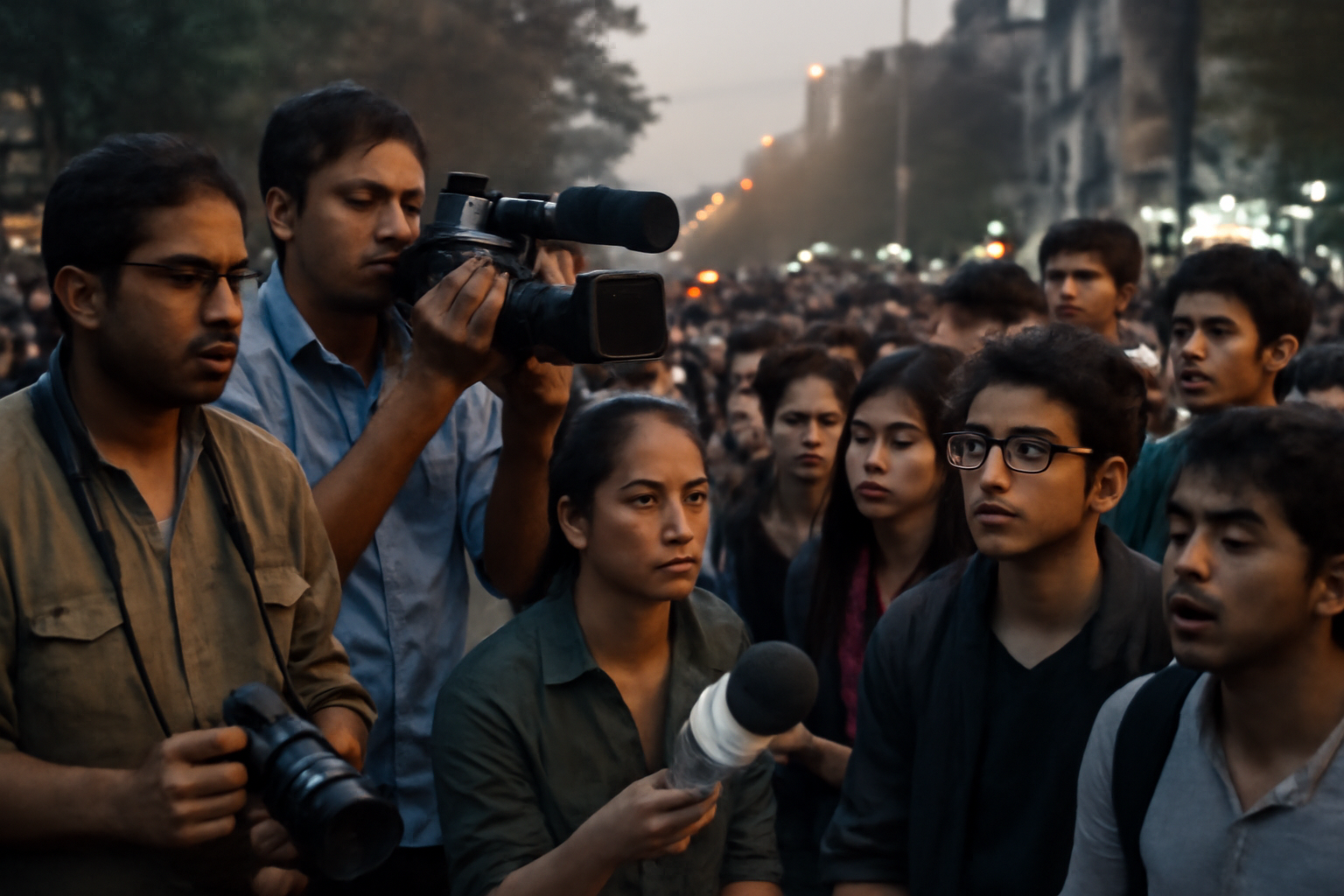 Journalists holding cameras and microphones near a crowd of protesters on a Delhi street