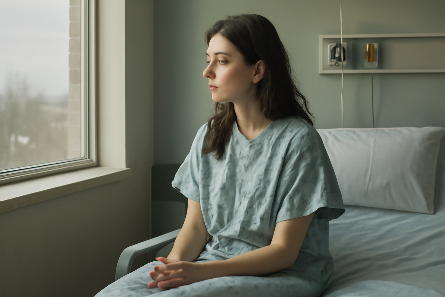 A woman sits by a hospital window looking outside, reflecting on a long psychiatric diagnosis