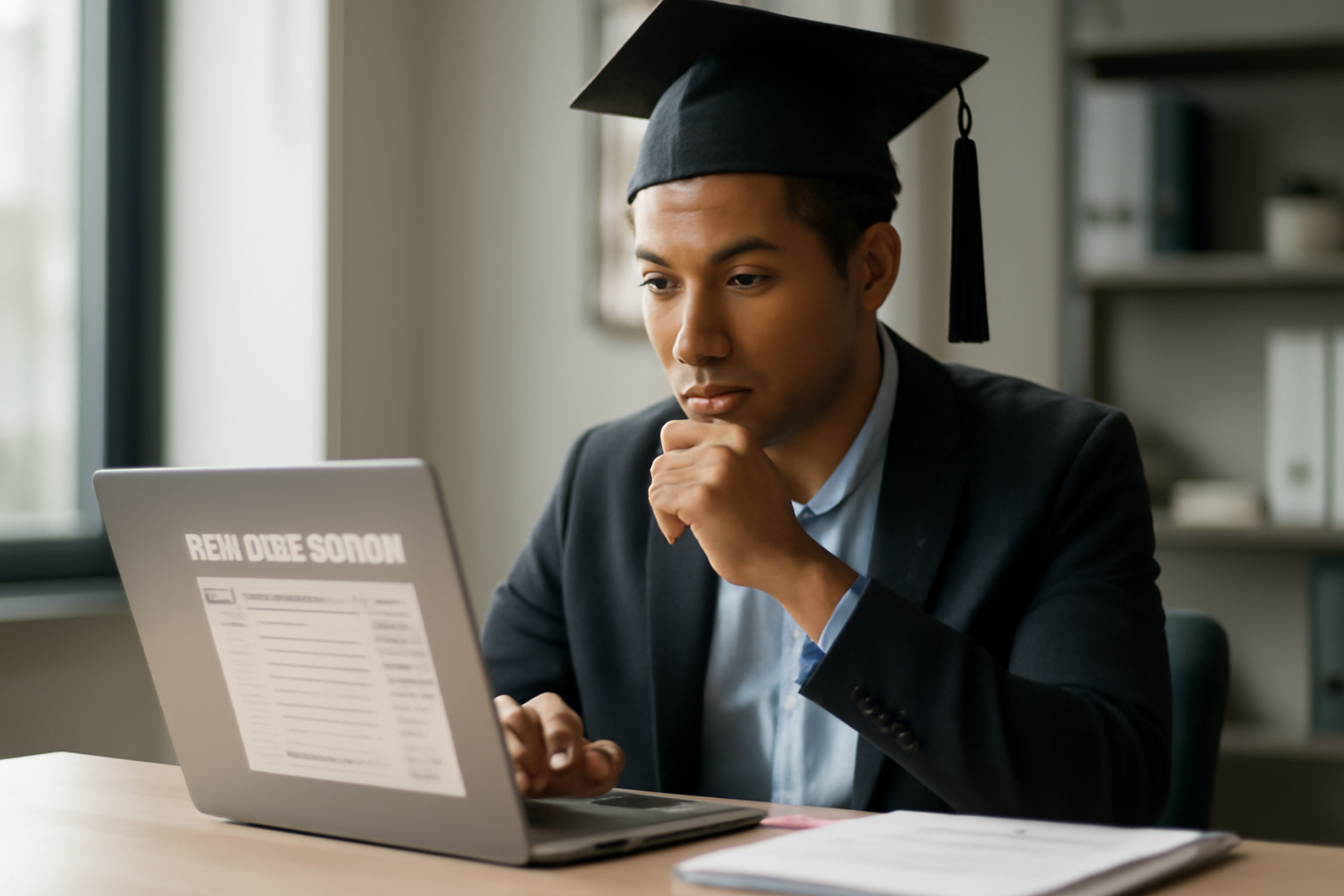 A young professional in business attire reviewing job listings on a laptop in a modern office setting