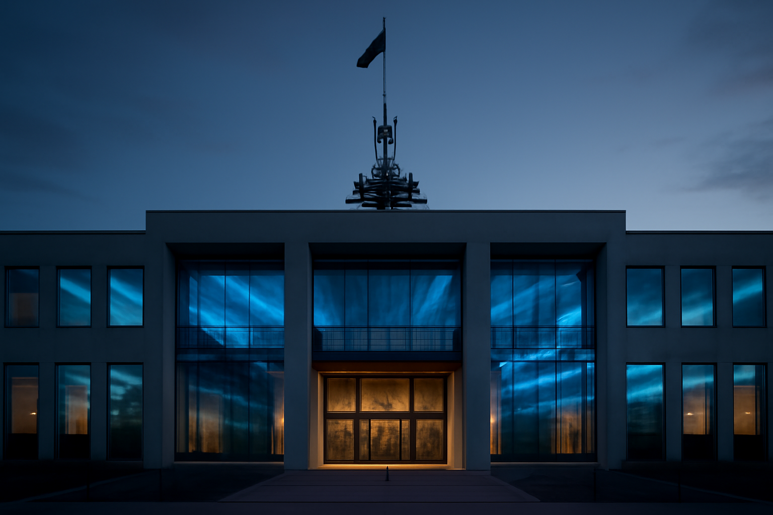 Exterior of an Australian government building with a digital security overlay motif