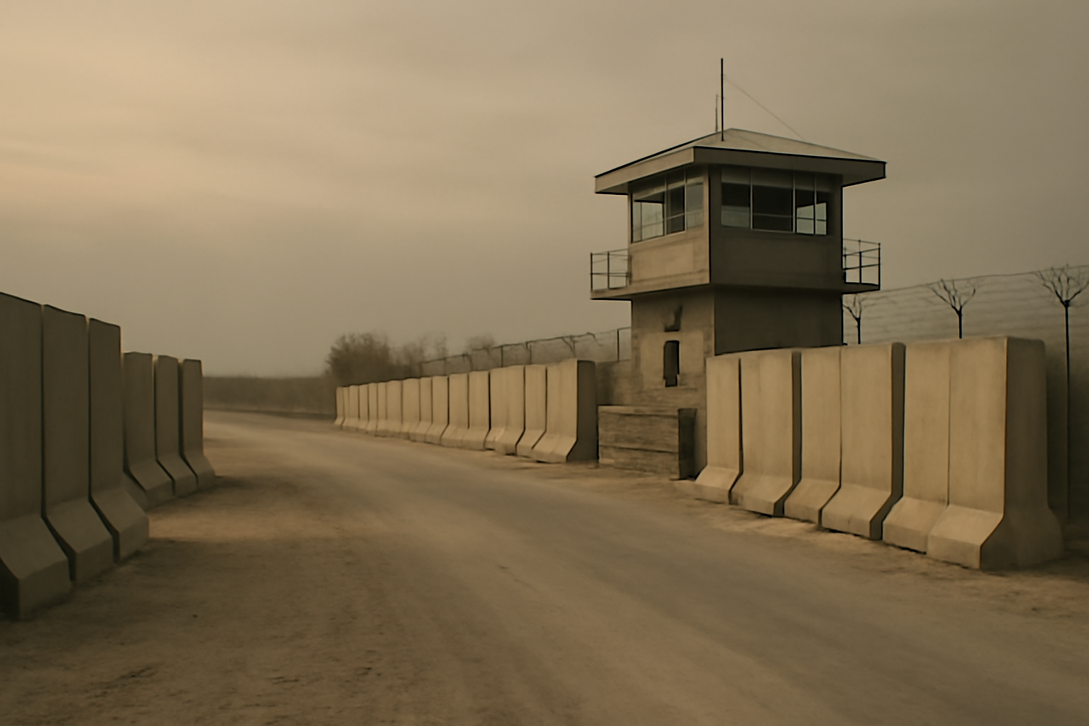 A deserted military checkpoint with concrete barriers on a dusty road under a pale desert sky