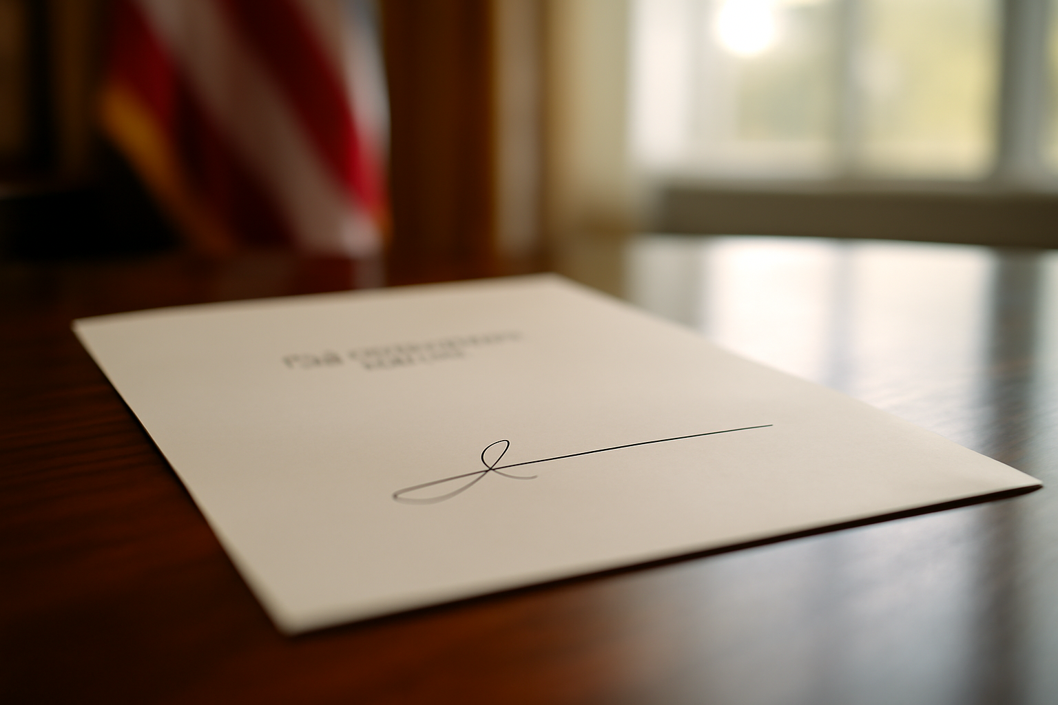 A printed government document with a red-ink signature line reading a misspelled presidential title, placed on a wooden desk