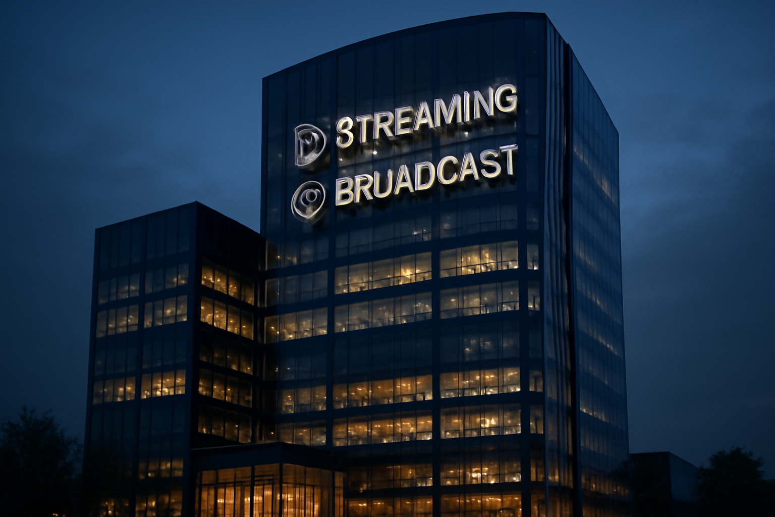 Exterior of a corporate media office building with a streaming service logo visible on signage