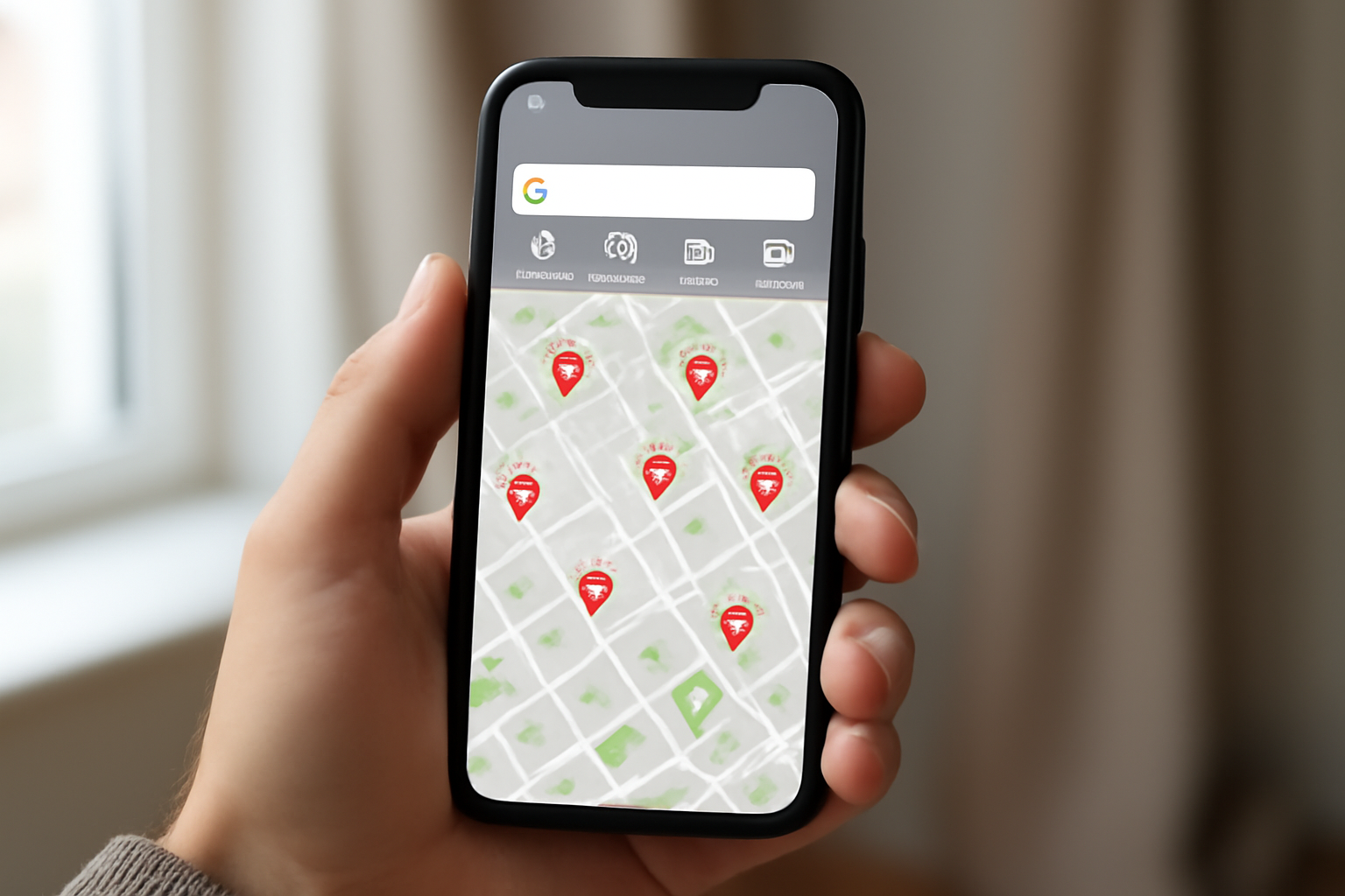 Smartphone screen showing a travel booking app with AI search filters and a map of nearby trips