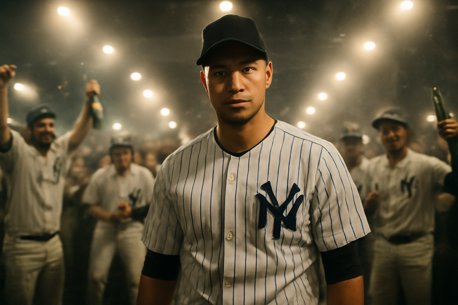 Yankees players celebrating on the field after a playoff win, champagne spraying in the clubhouse background
