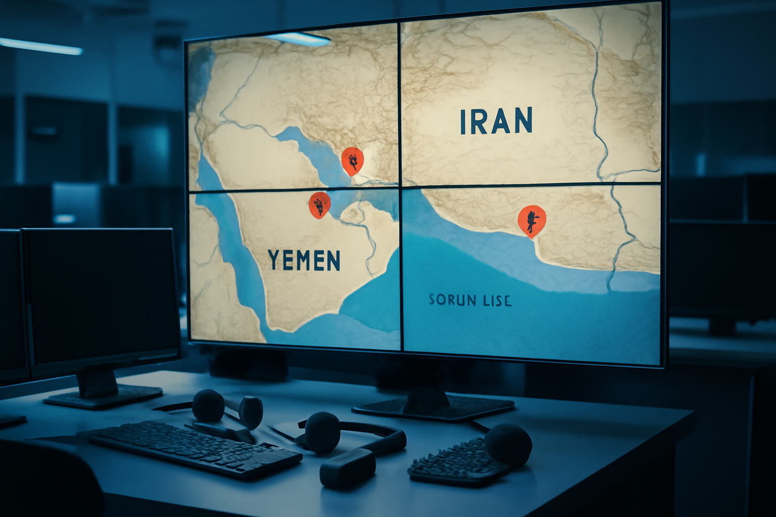 A television screen displaying a live news broadcast map of Iran and Yemen with conflict markers
