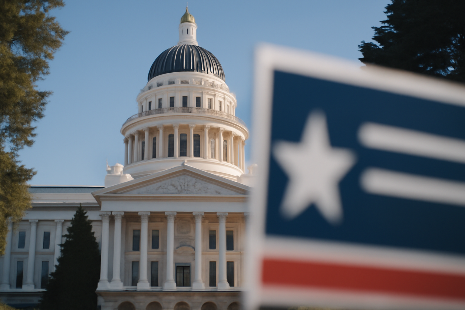 California state capitol building under a clear sky with a ballot measure sign in the foreground