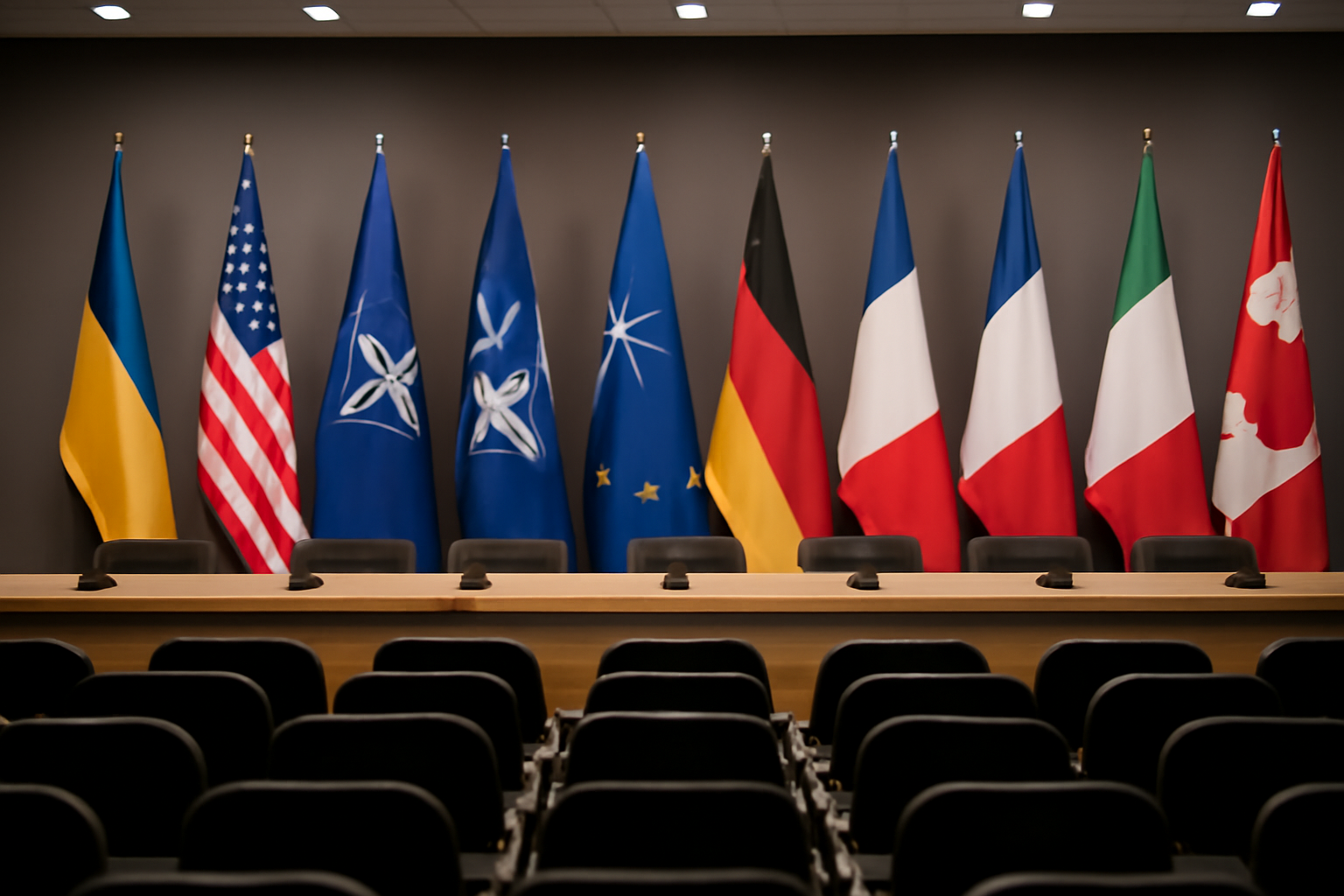 Empty chairs arranged for an international diplomatic summit with national flags in the background