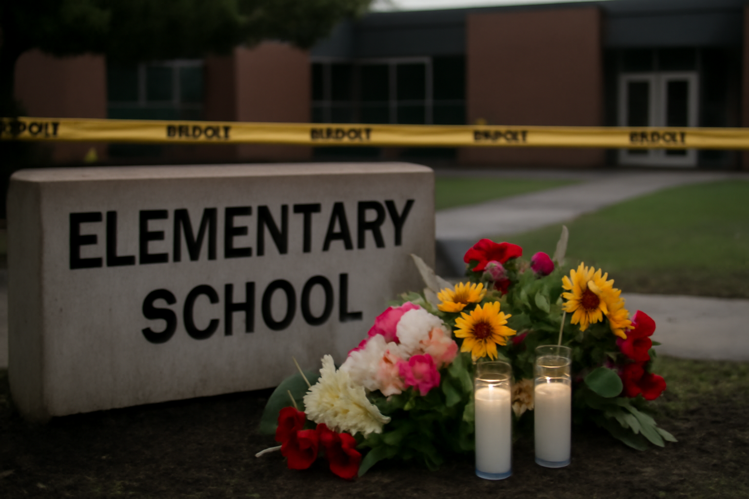 Flowers and a handwritten tribute left beside the Silver Rail Elementary School sign in Bend, Oregon