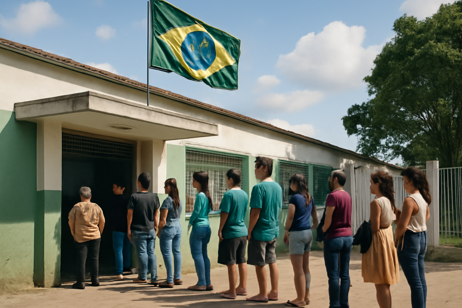 Voters lining up outside a polling station in Brazil during a presidential election