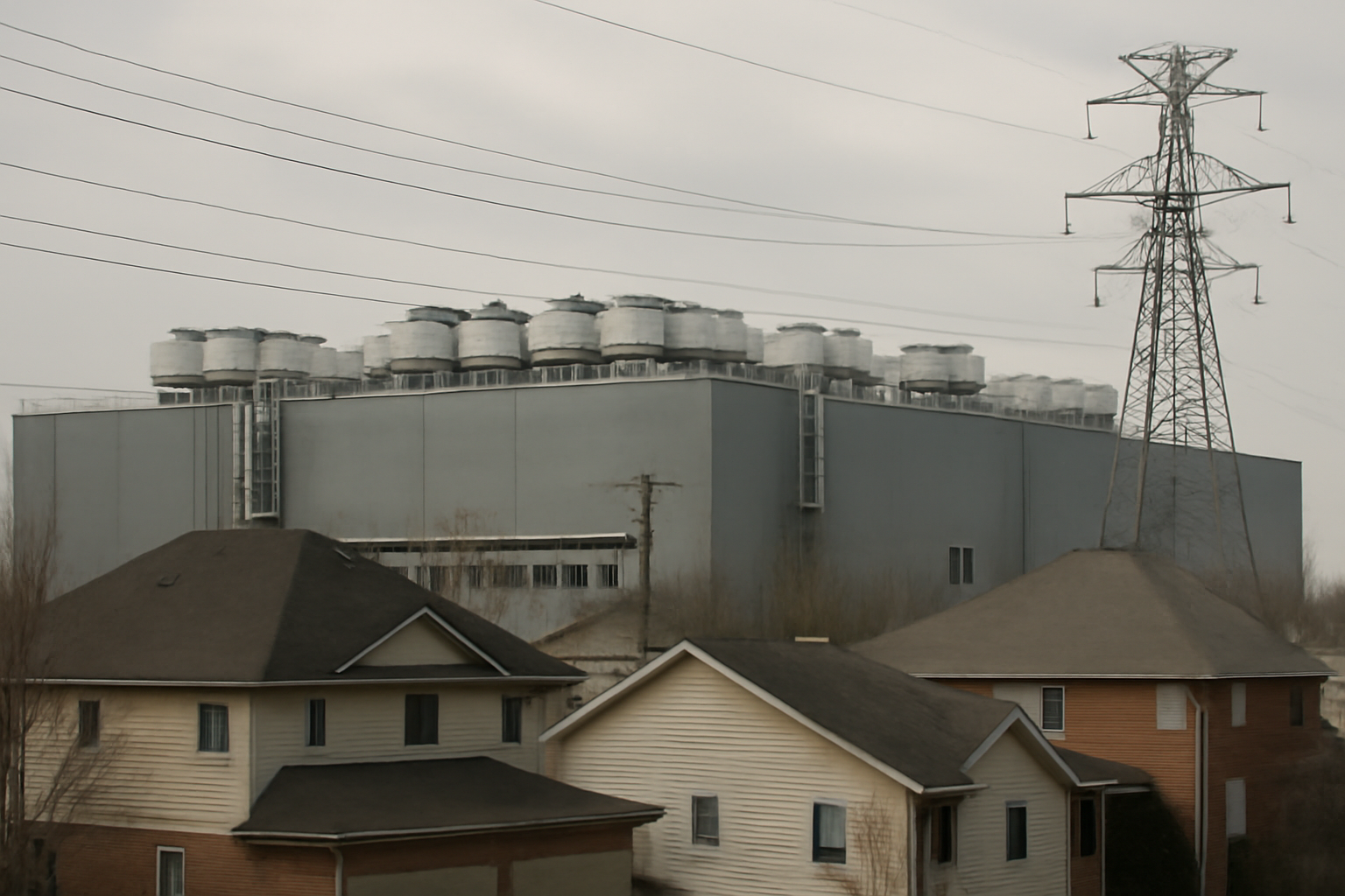 A data center building under construction next to a residential neighborhood