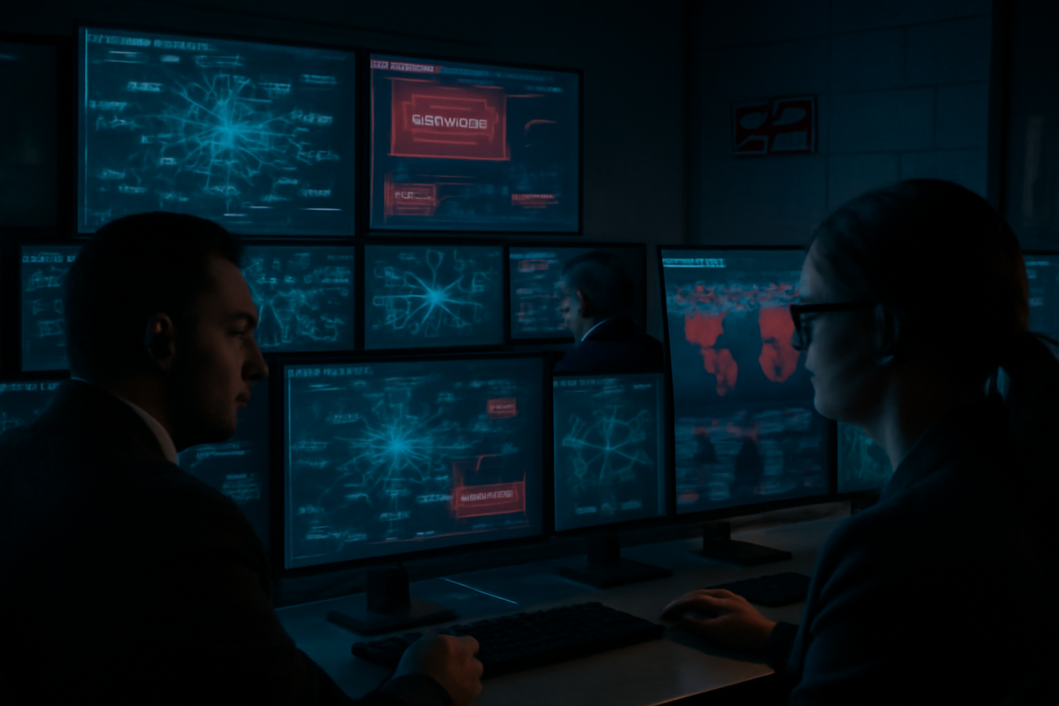 A government cybersecurity operations screen displaying network threat alerts in a London office setting