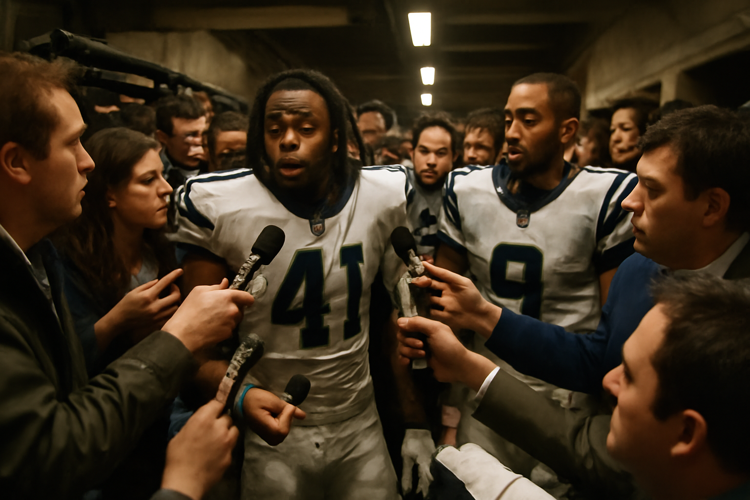 Sports reporters with notebooks and cameras standing near an NFL locker room doorway