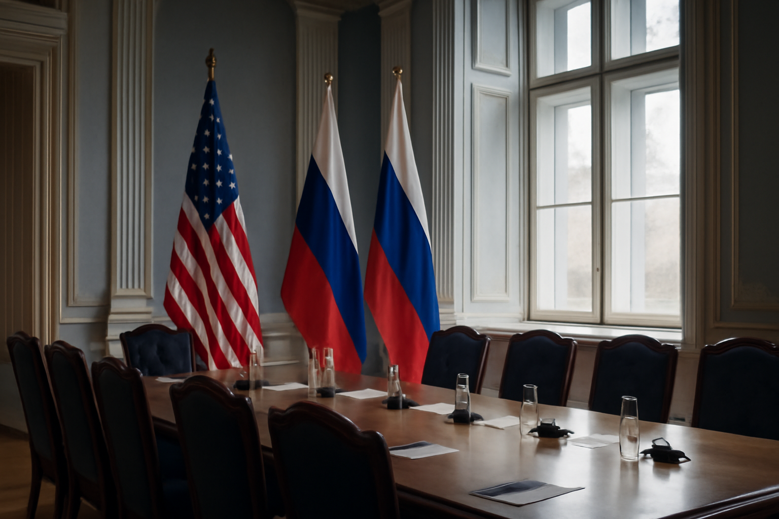 Russian and American flags displayed near a government building in Saint Petersburg