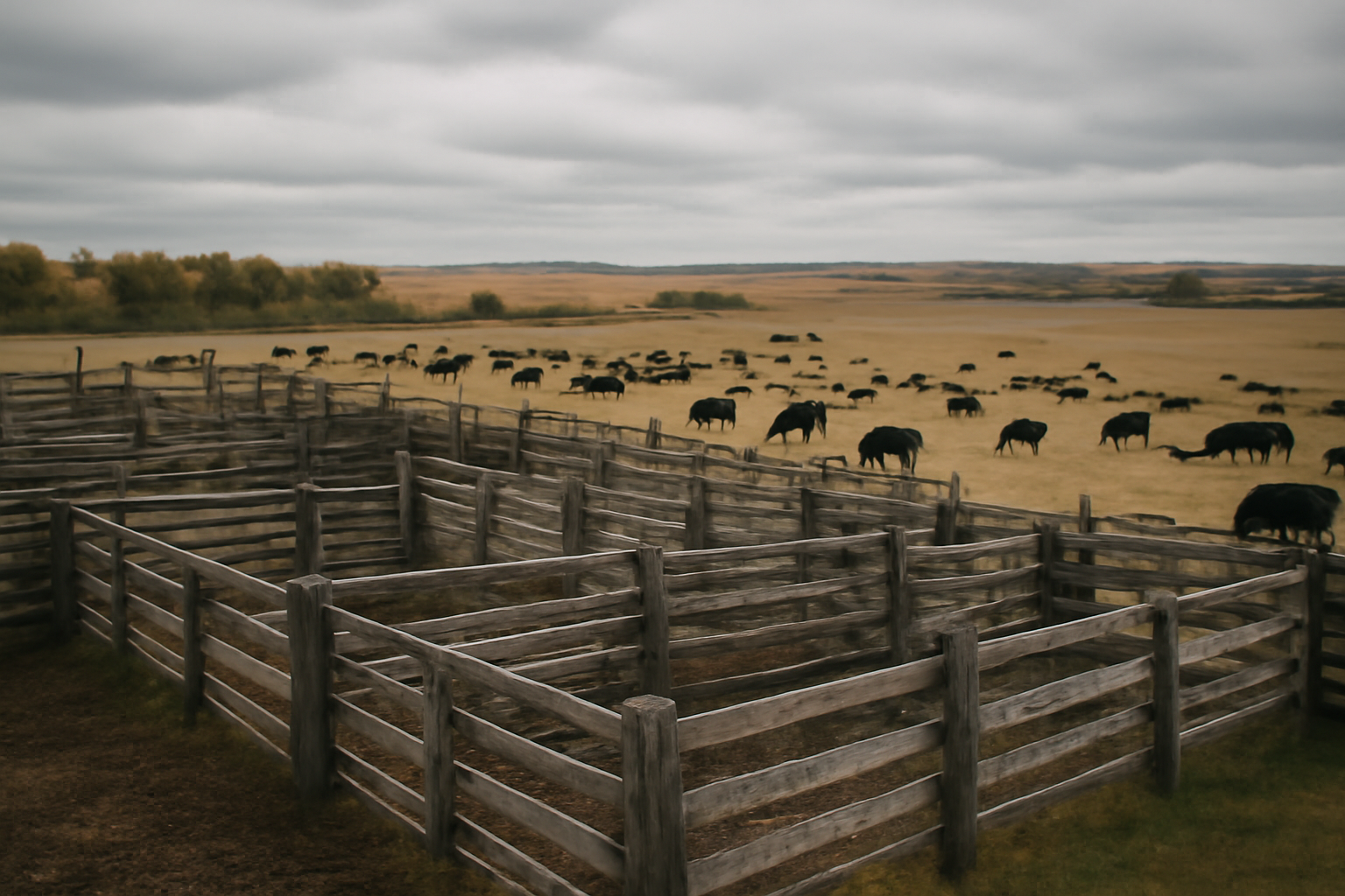Cattle ranch pens in rural Nebraska under an overcast sky near Grand Island