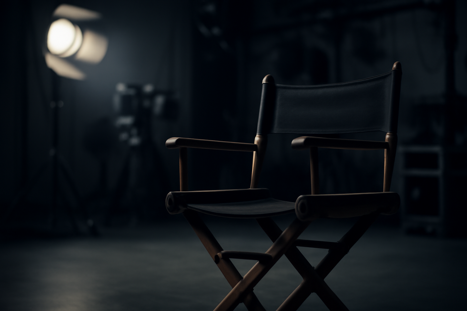 Director's chair and film set lighting rig on a darkened television production stage