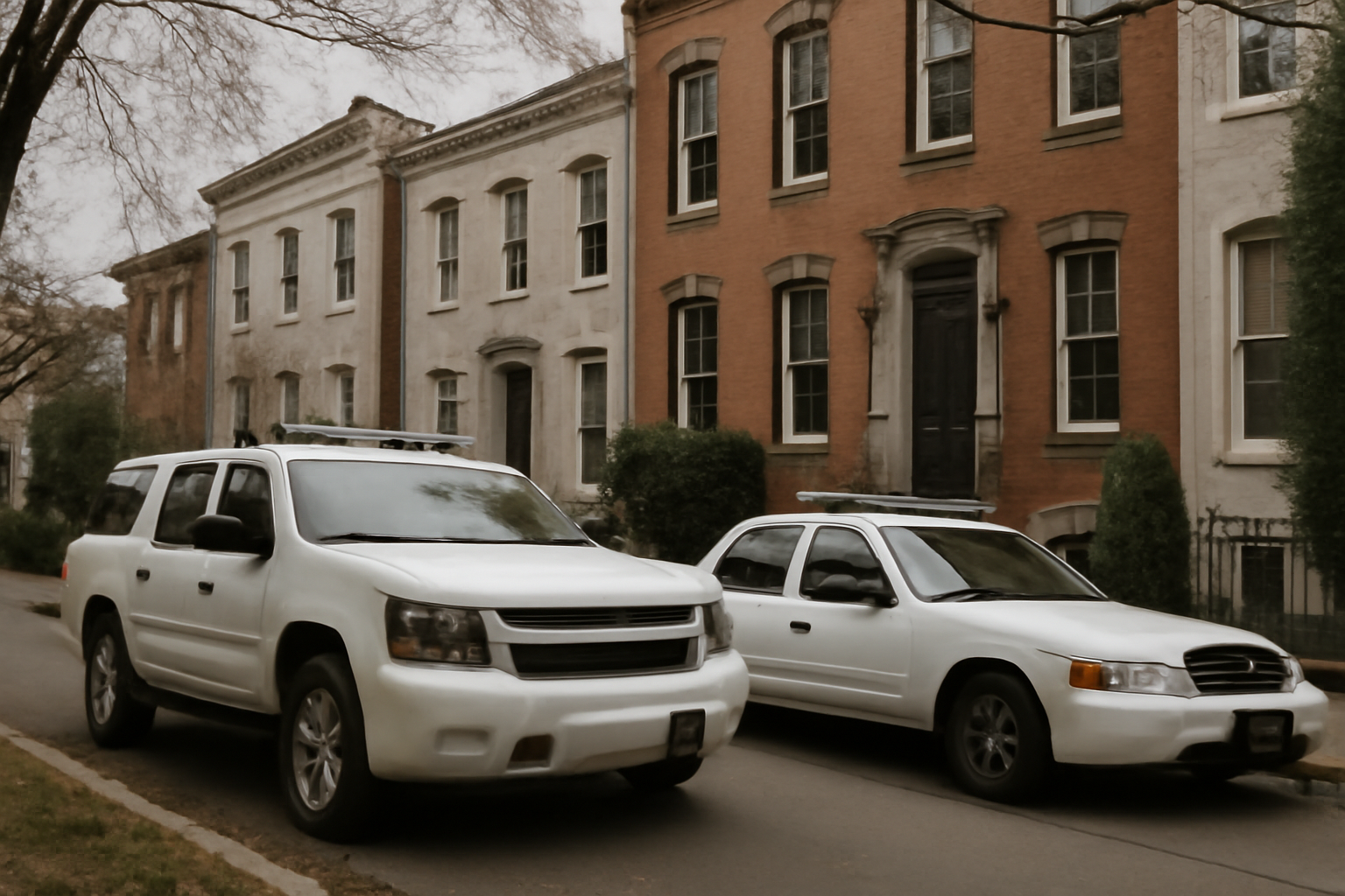 Exterior of a Washington, D.C. townhouse with law enforcement vehicles parked outside