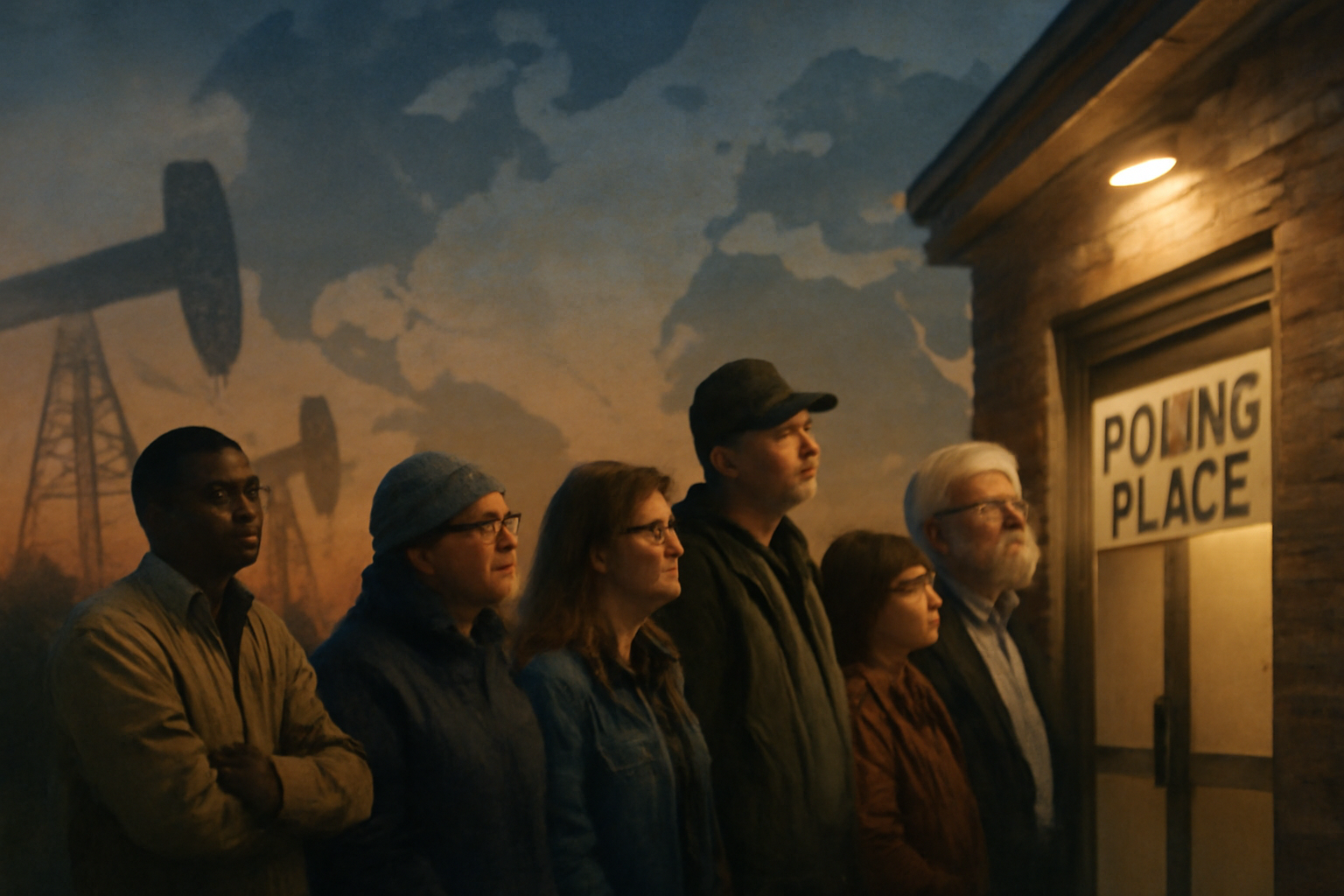 Row of American voters waiting outside a polling location under a cloudy sky
