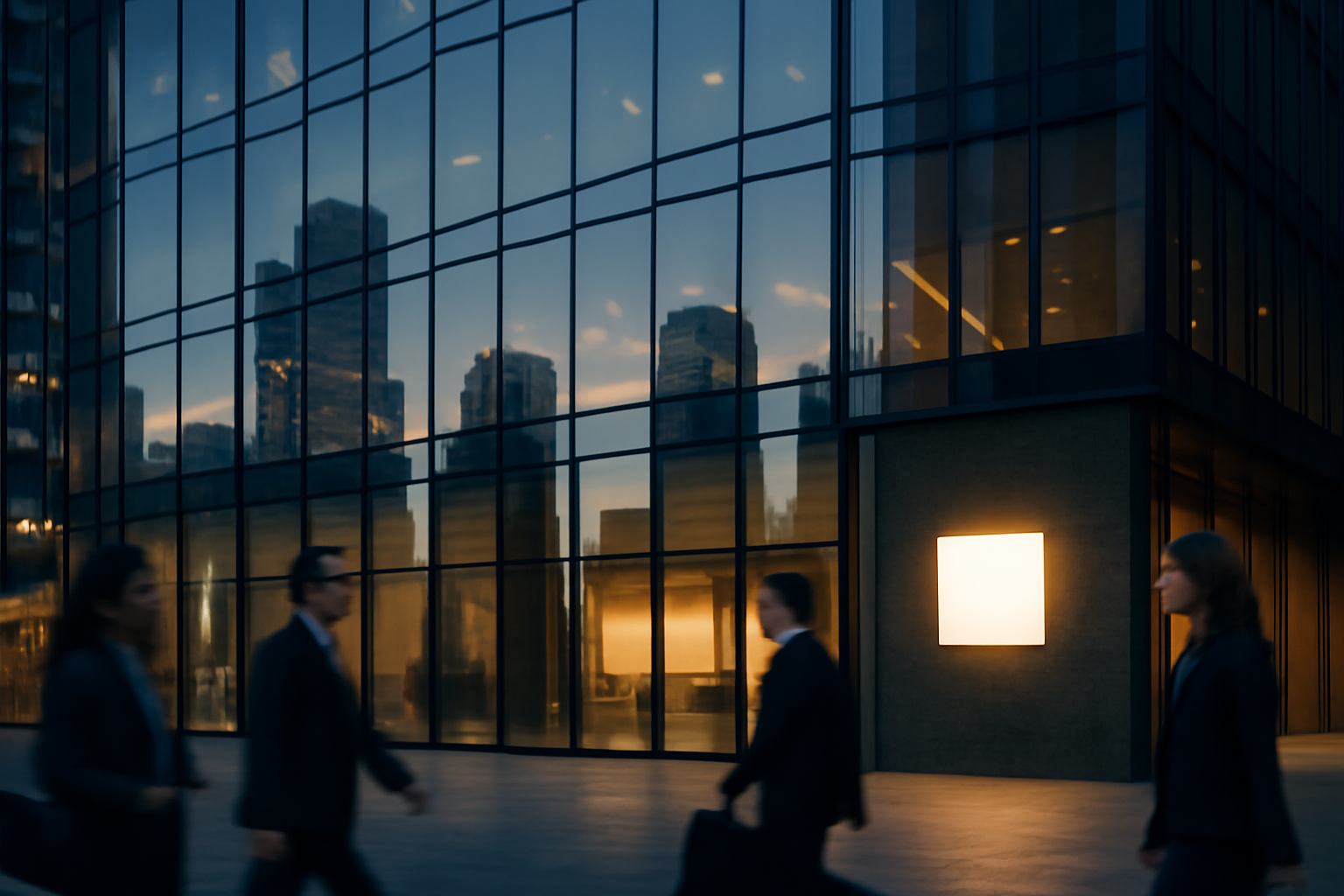 Corporate office tower with IBM signage against a city skyline at dusk