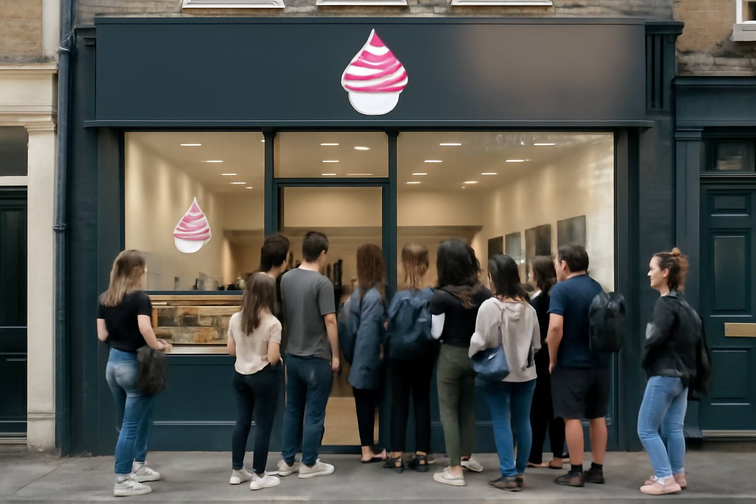Customers lined up outside a frozen yoghurt shop with colorful toppings on display