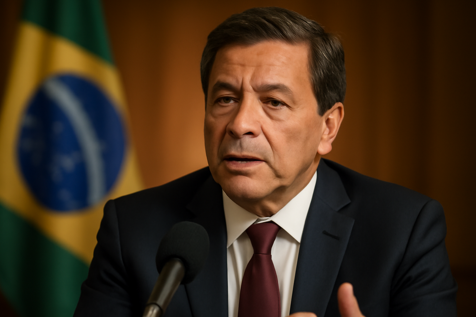 Brazilian president speaking at a podium during a televised interview setting