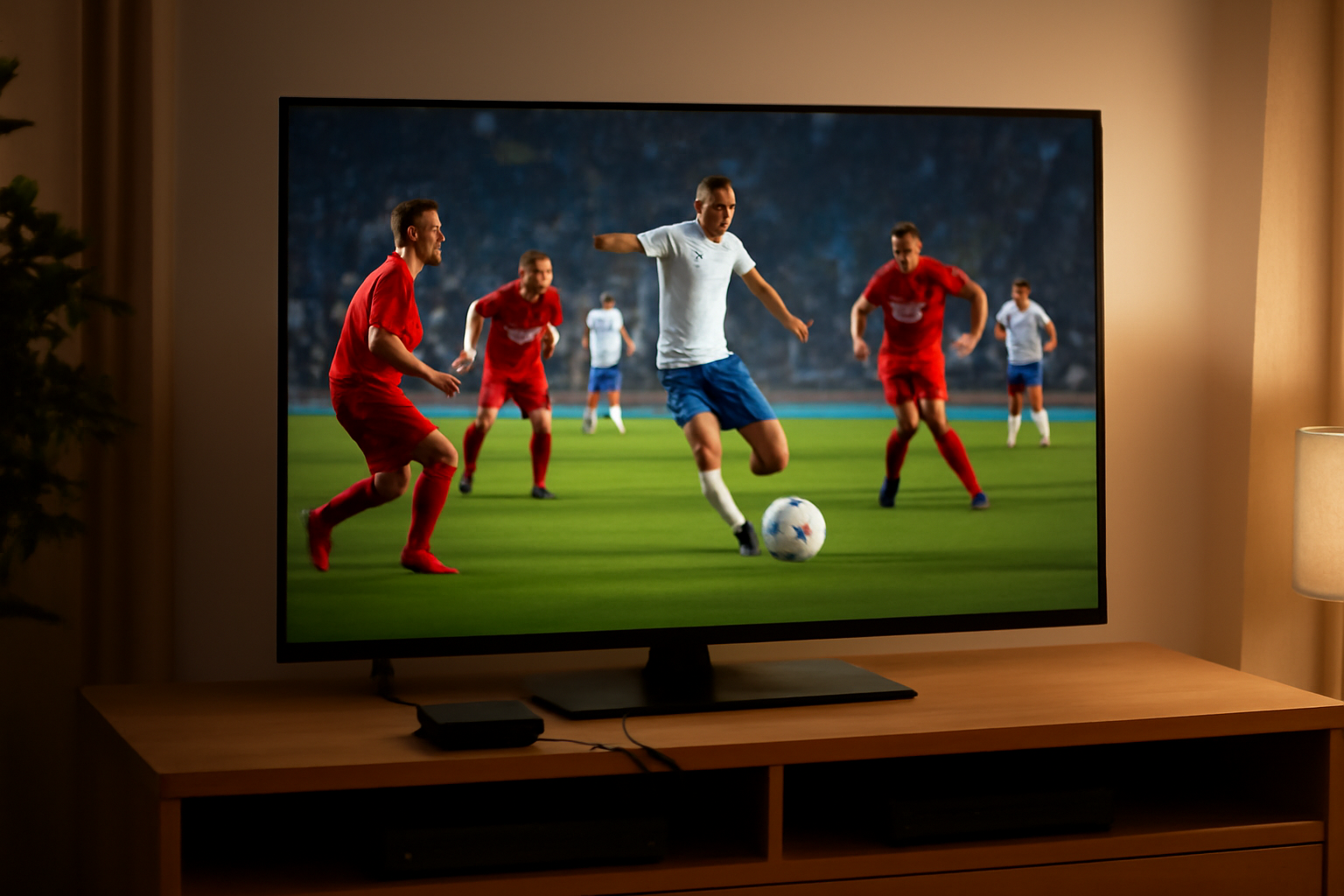 A living room television displaying a live football match beside a small illegal streaming device