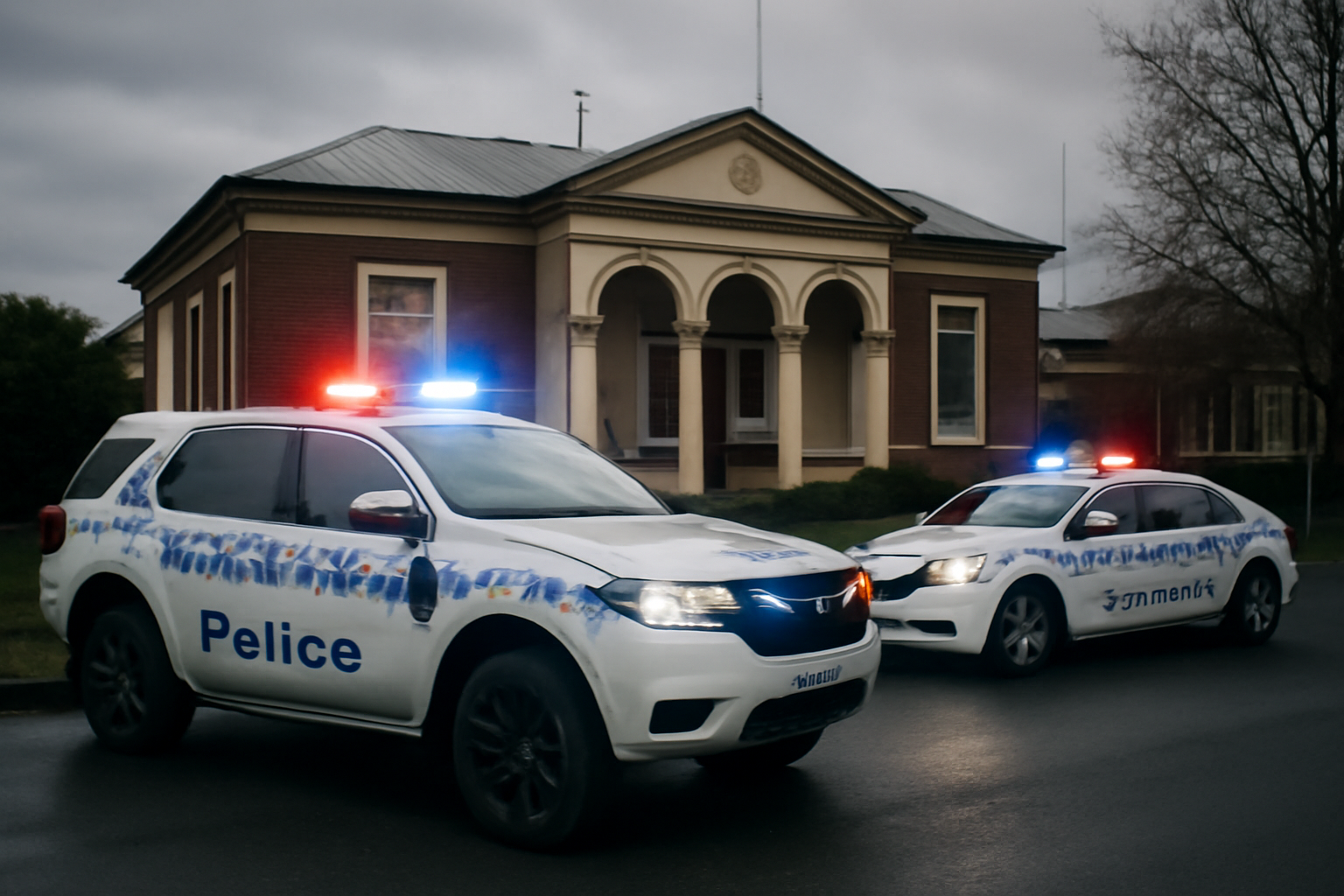 Police vehicles parked outside a regional Australian government office building after a reported attack