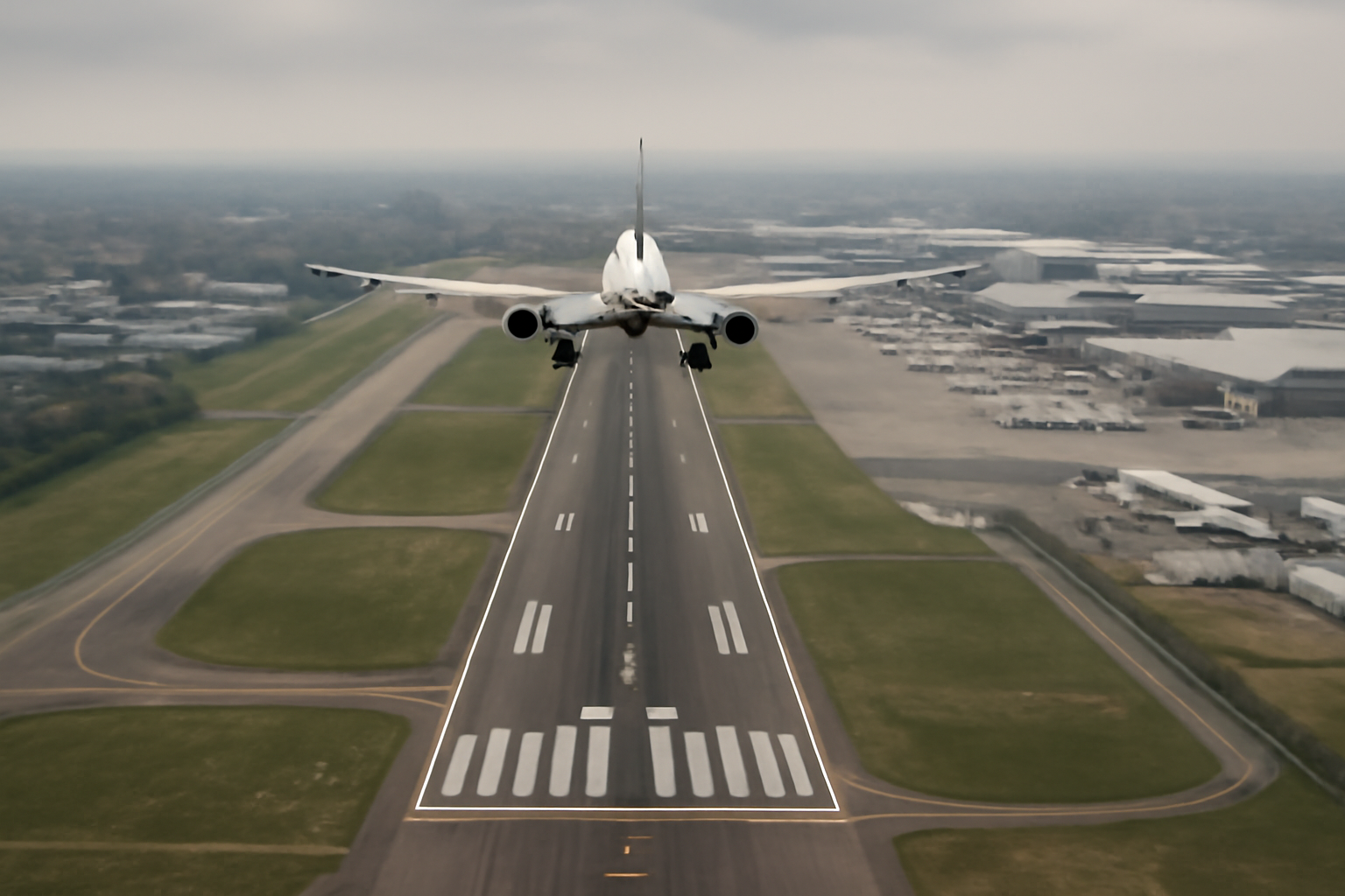 Aircraft on approach to Heathrow Airport with runway and terminal buildings visible below