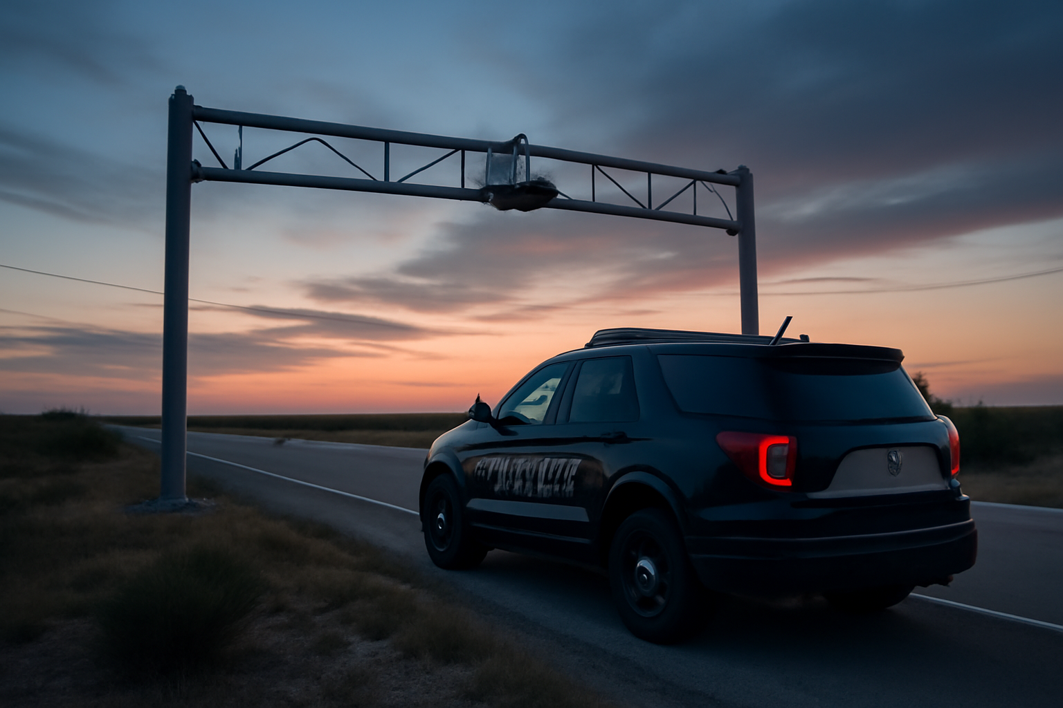 Patrol vehicle parked on a Texas highway shoulder with a license plate reader camera mounted above the road