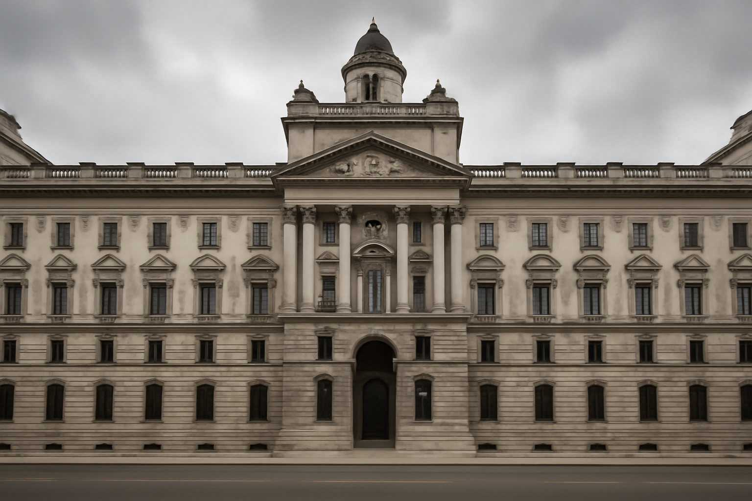 Exterior of HM Treasury building in London with overcast sky