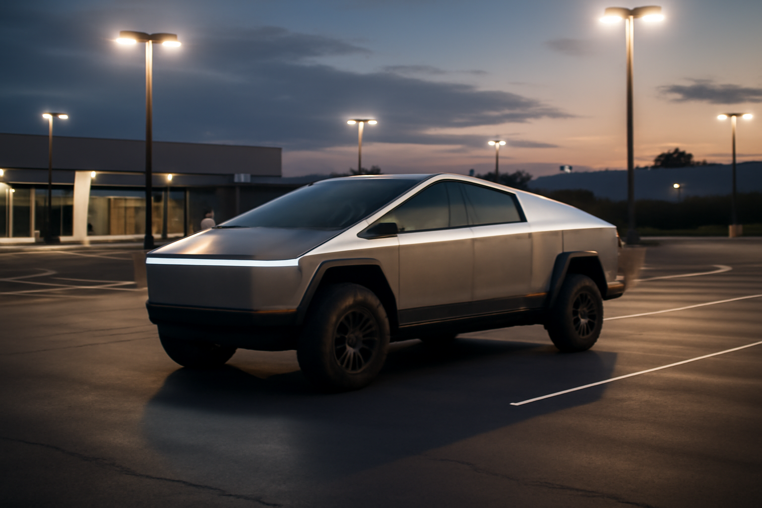 Tesla Cybertruck parked outside a dealership showroom at dusk