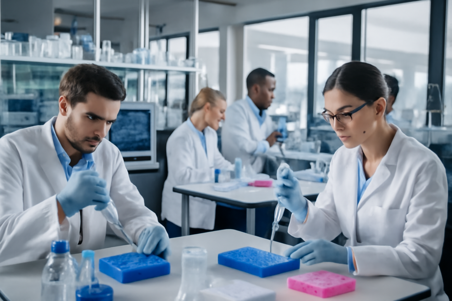 Researchers in protective gear working at lab benches with pipettes and monitors displaying molecular models