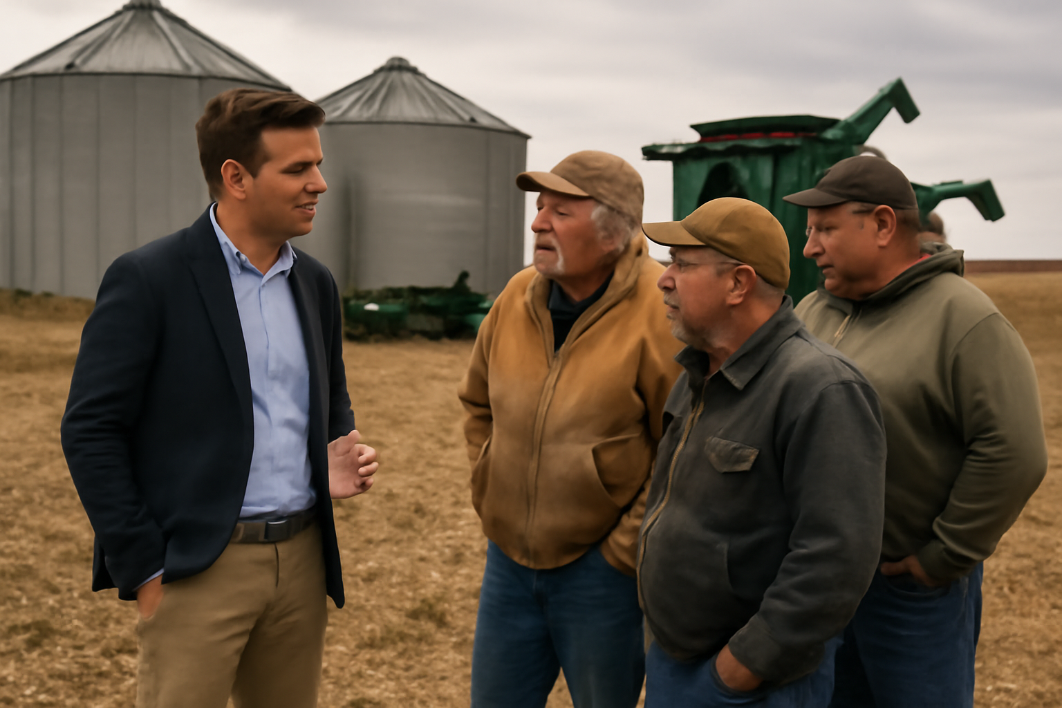 A Federal Reserve official speaks with farmers beside grain storage bins in rural Illinois