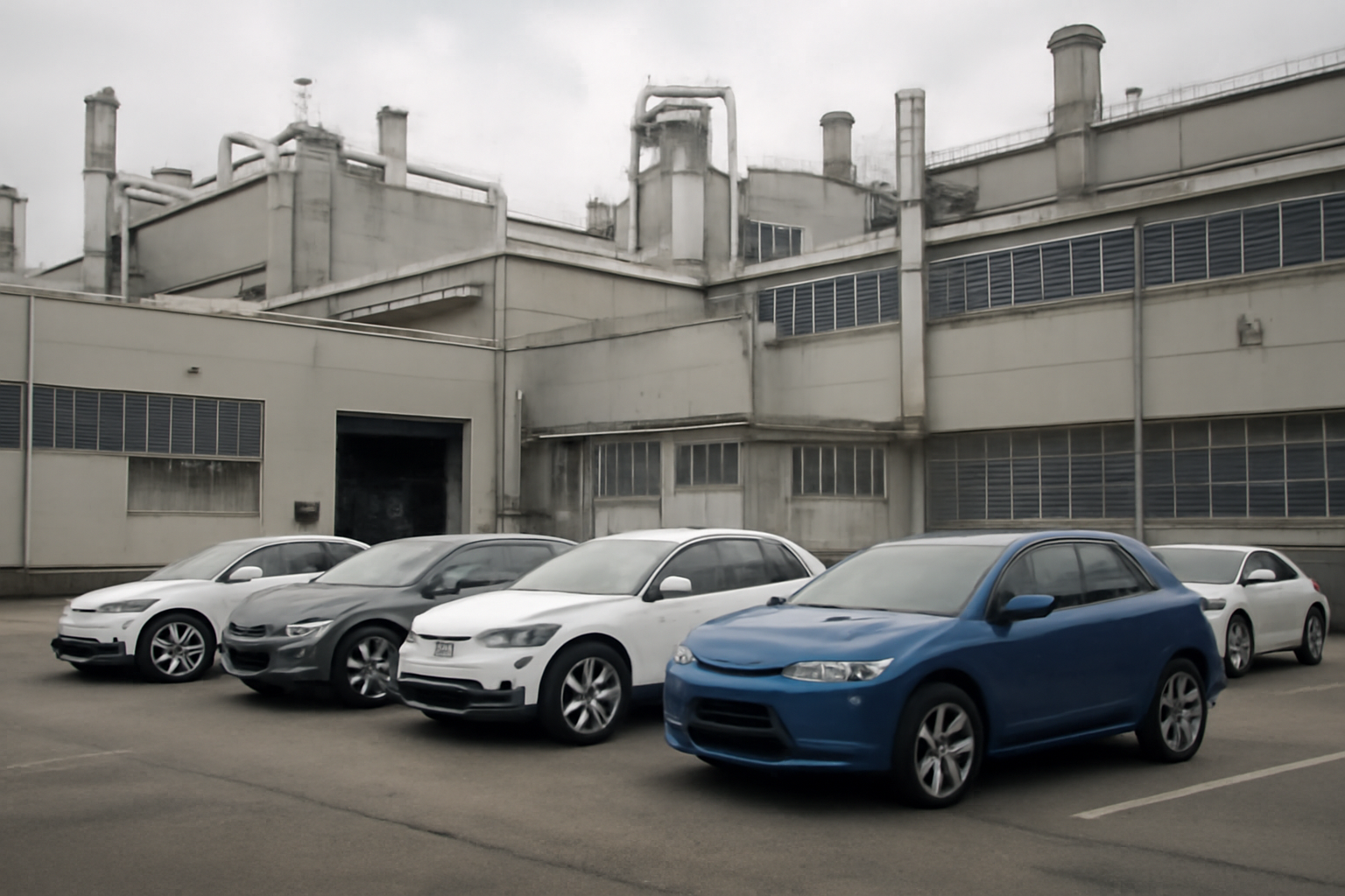 Rows of electric vehicles parked outside a European automotive factory under overcast sky
