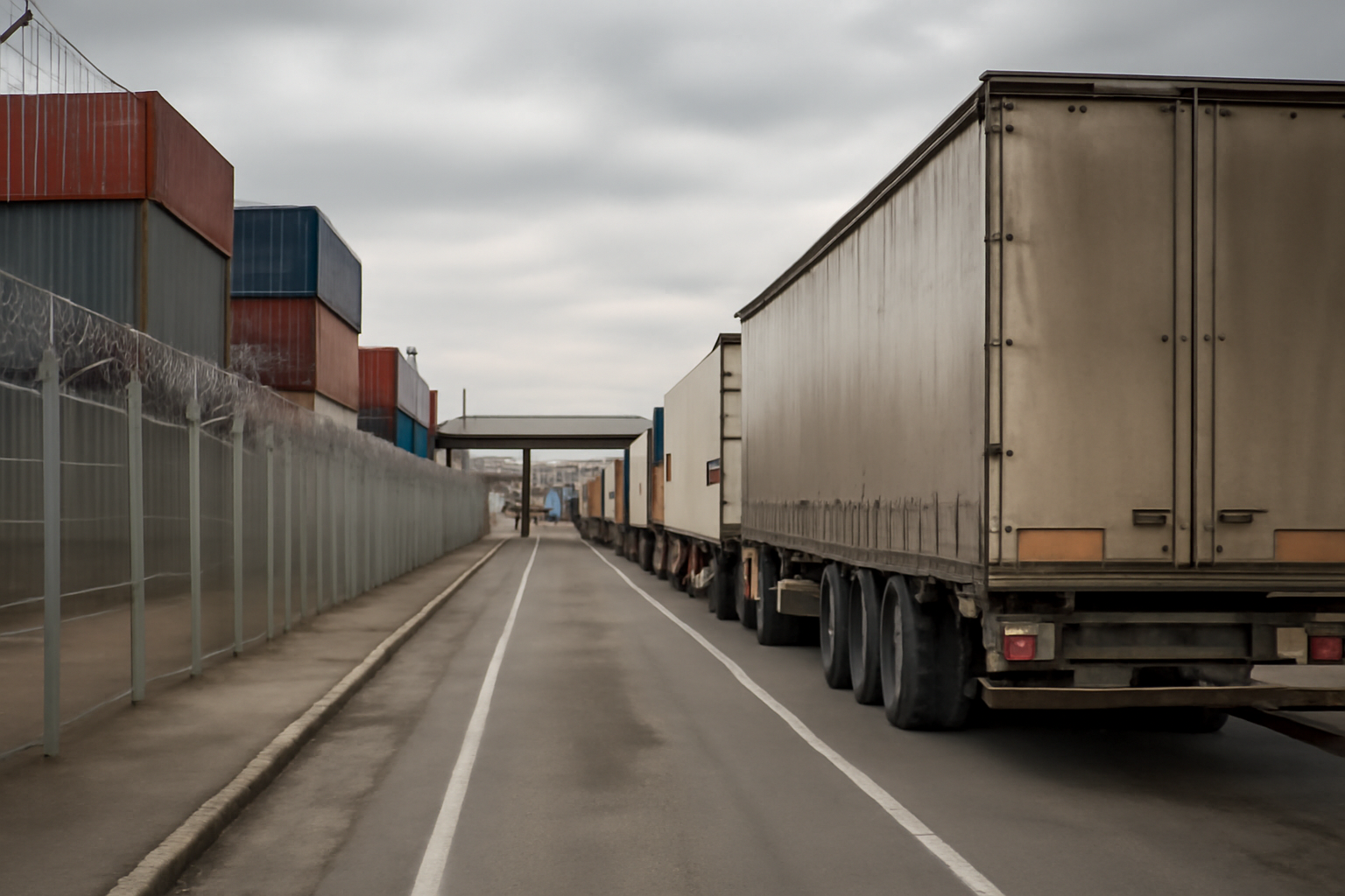 Idle cargo trucks lined up at a fenced border crossing with shipping containers in the background