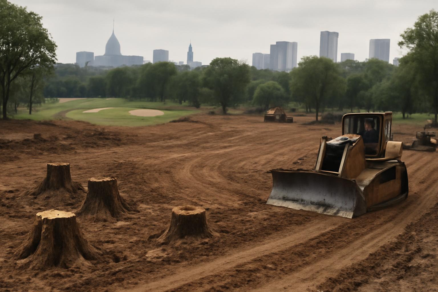 Golf course construction equipment and cleared land near a Washington DC park