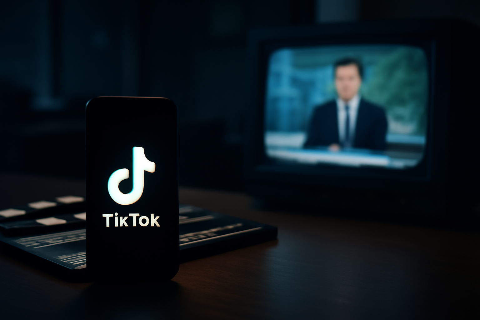 TikTok app logo on a smartphone screen beside a film clapperboard and a photo of Elon Musk