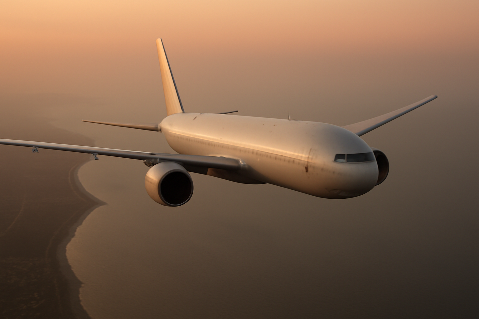 A commercial airliner crosses a hazy sky above a Gulf coastline at dusk