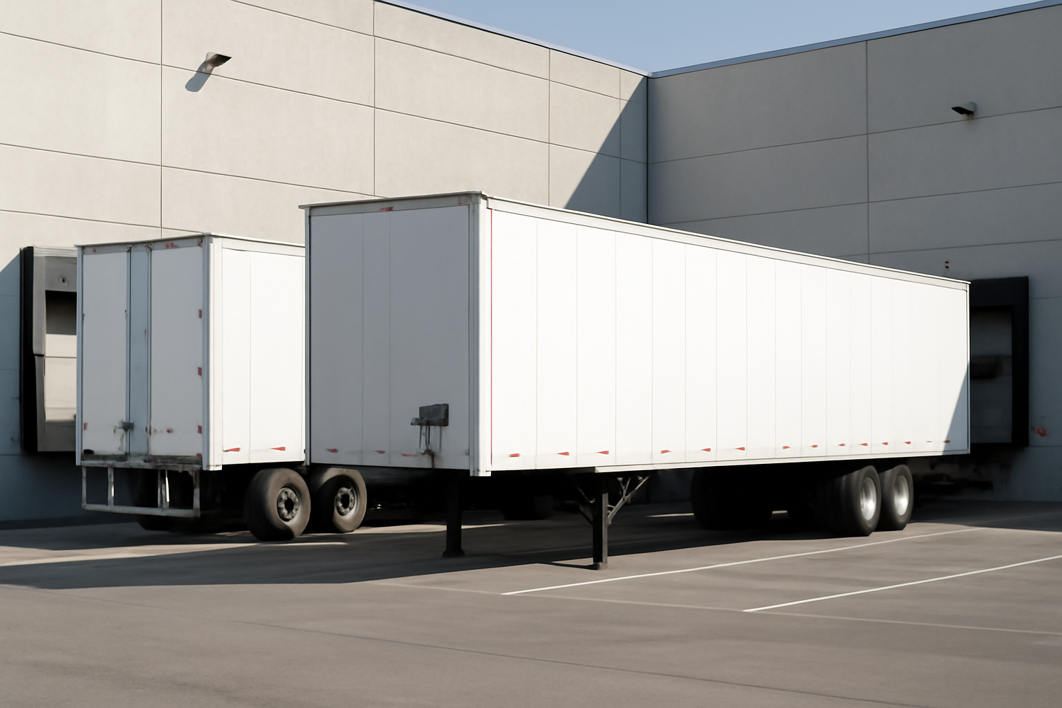 Two cargo trailers with company logos parked outside a warehouse loading dock