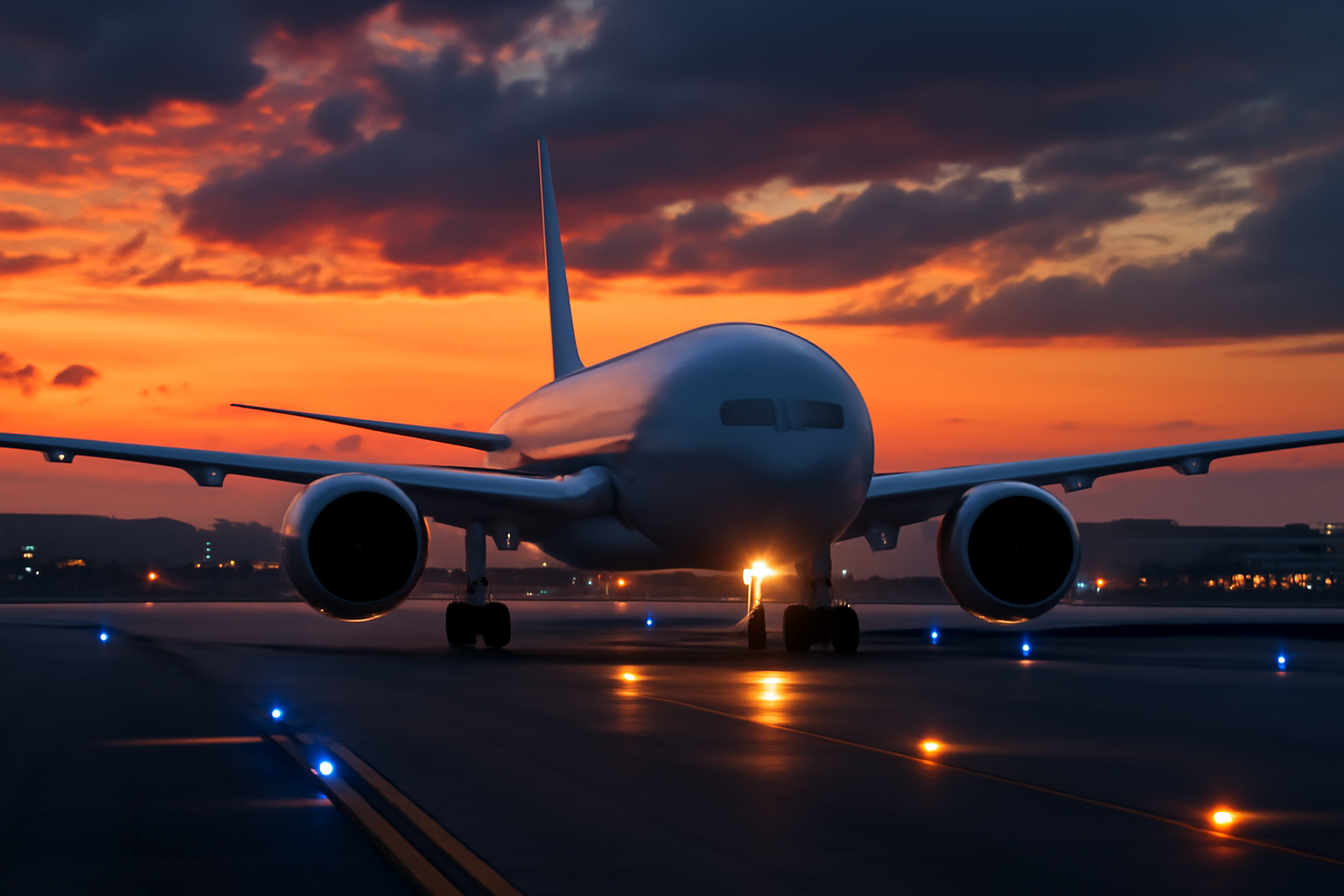 A commercial jet taxiing on a tarmac at dusk with airport hangars and runway lights in the background