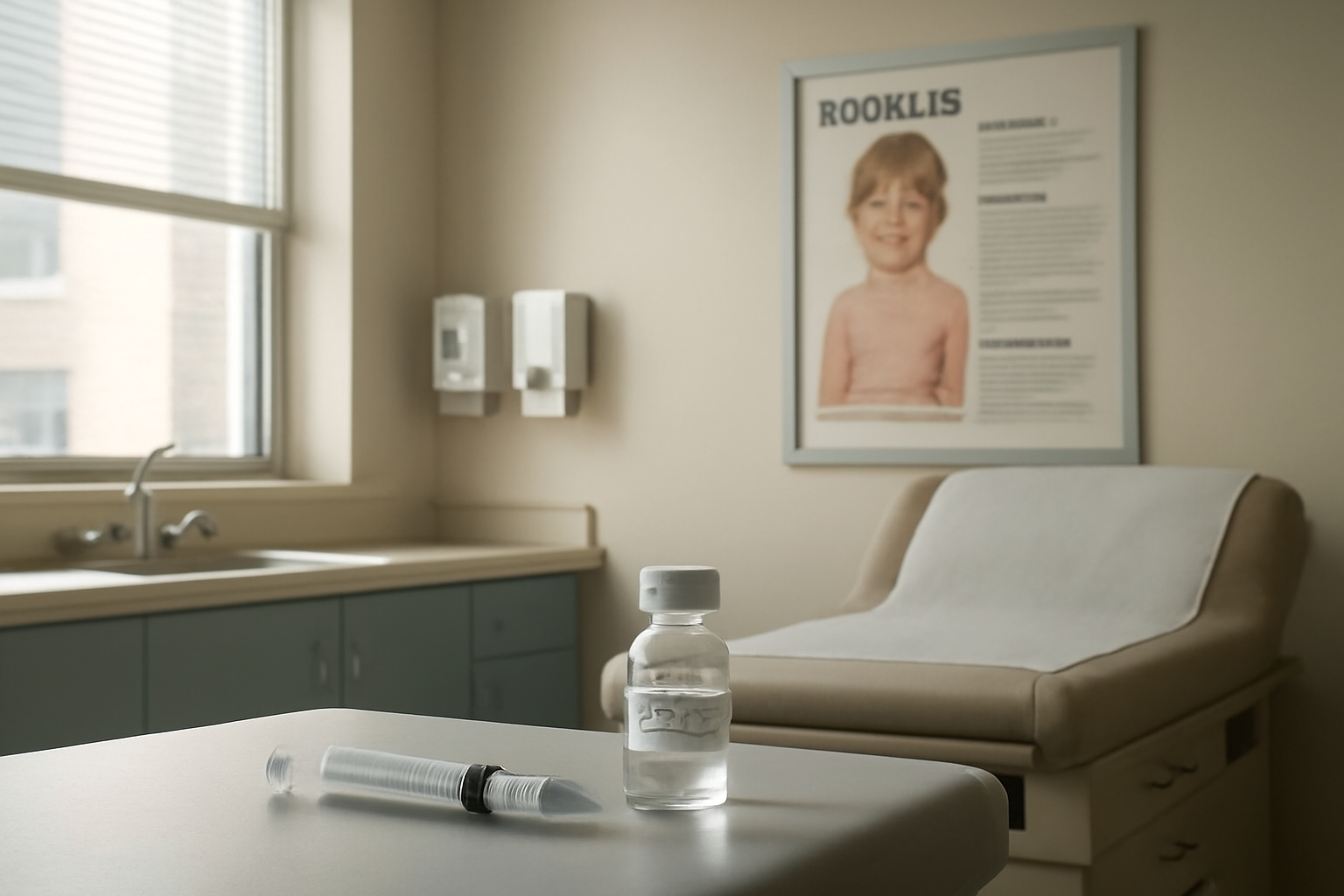 A vial of measles vaccine and syringe on a clinic counter