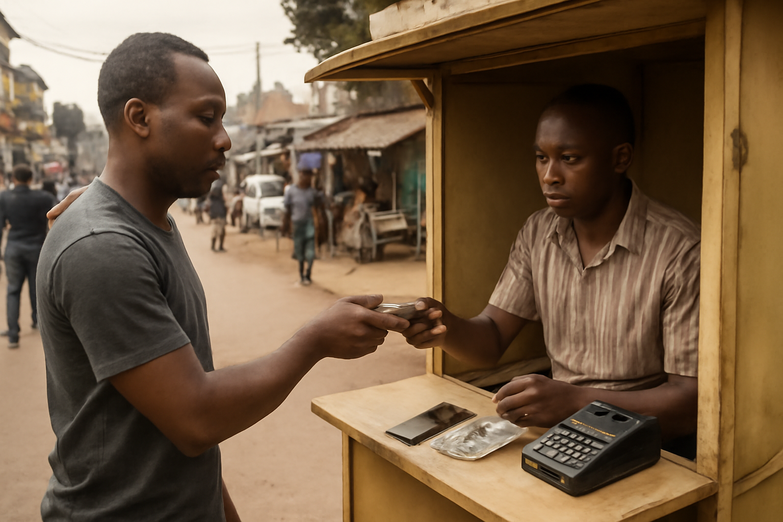 Mobile money agent handling cash transactions at a roadside kiosk in East Africa