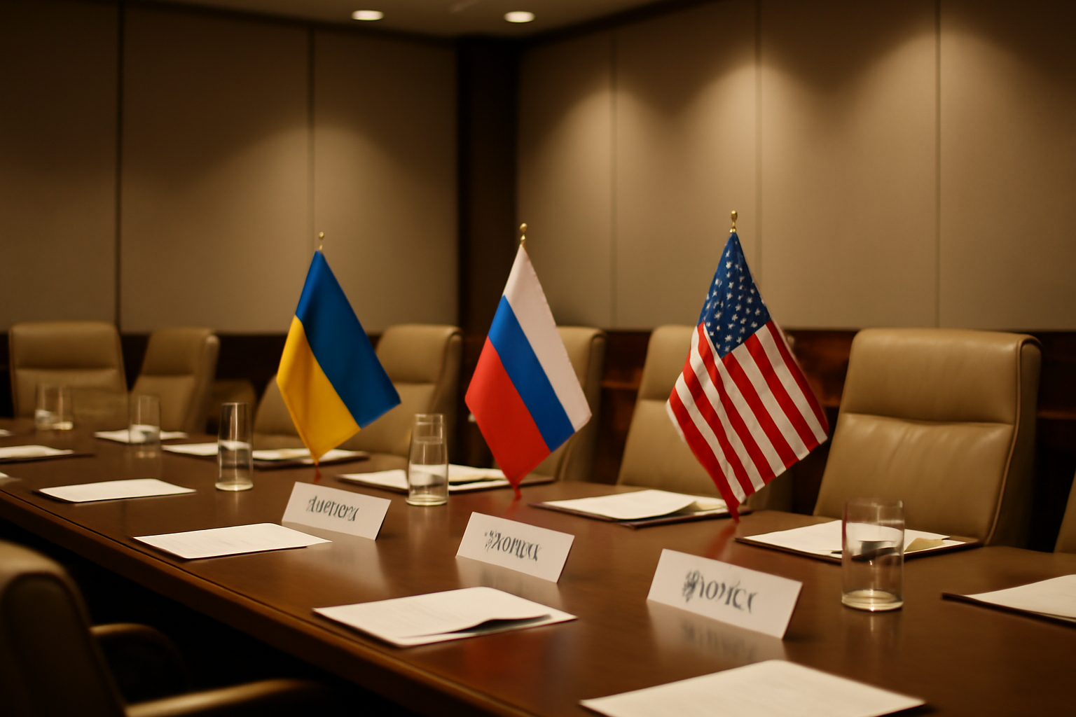 Empty conference table with flags of Ukraine, Russia, and the United States set up for diplomatic talks