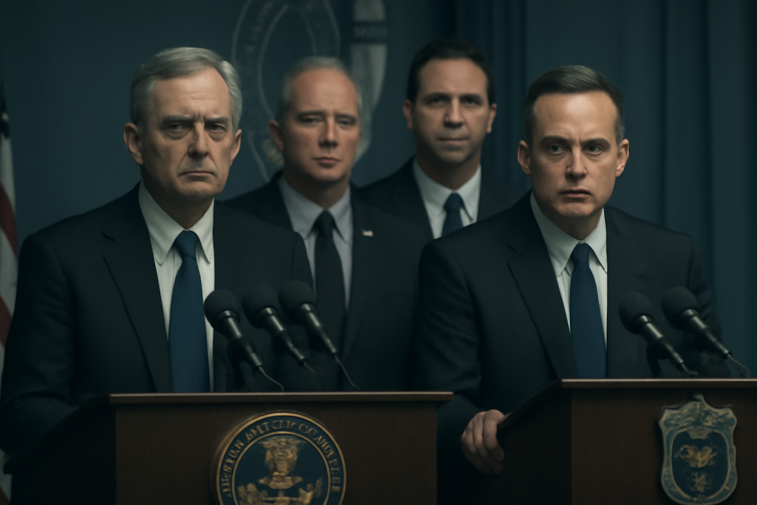 Law enforcement officials stand at podiums during a press conference announcing a federal arrest