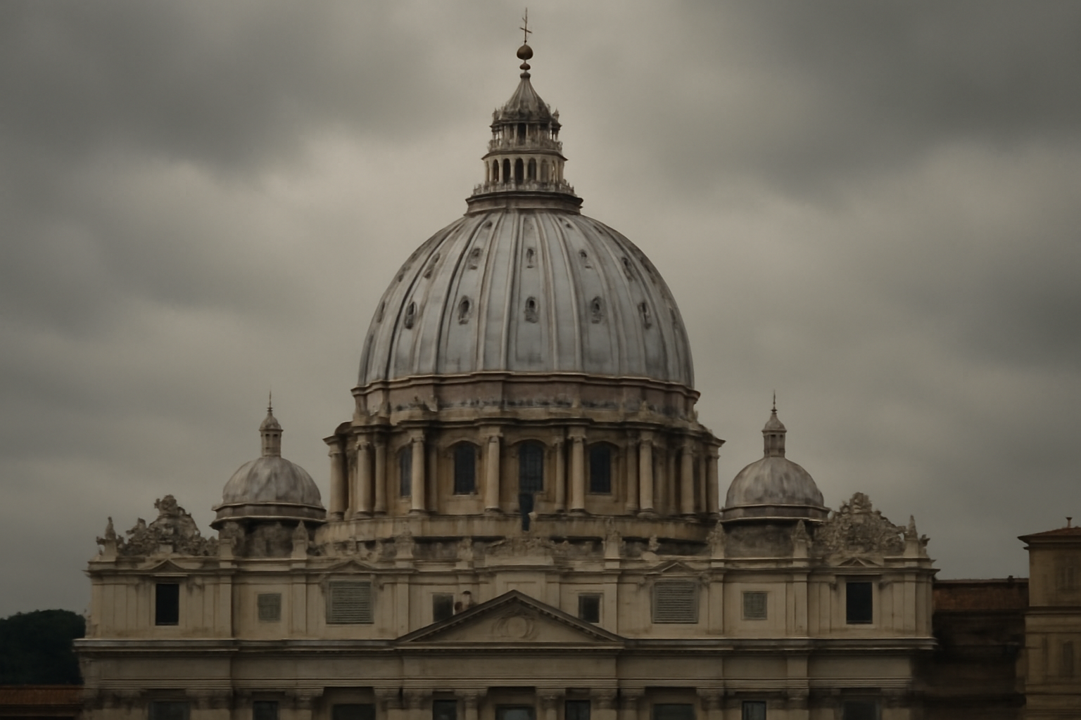 Exterior view of St. Peter's Basilica dome against a cloudy sky in Vatican City