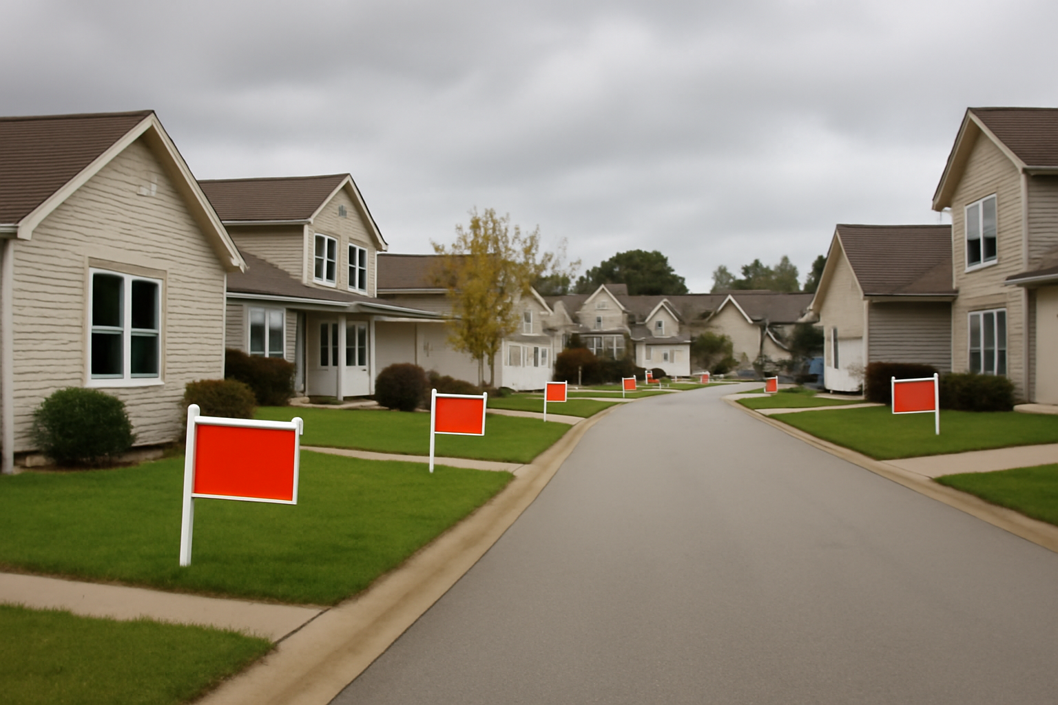 A row of suburban houses with for-sale signs on a quiet residential street