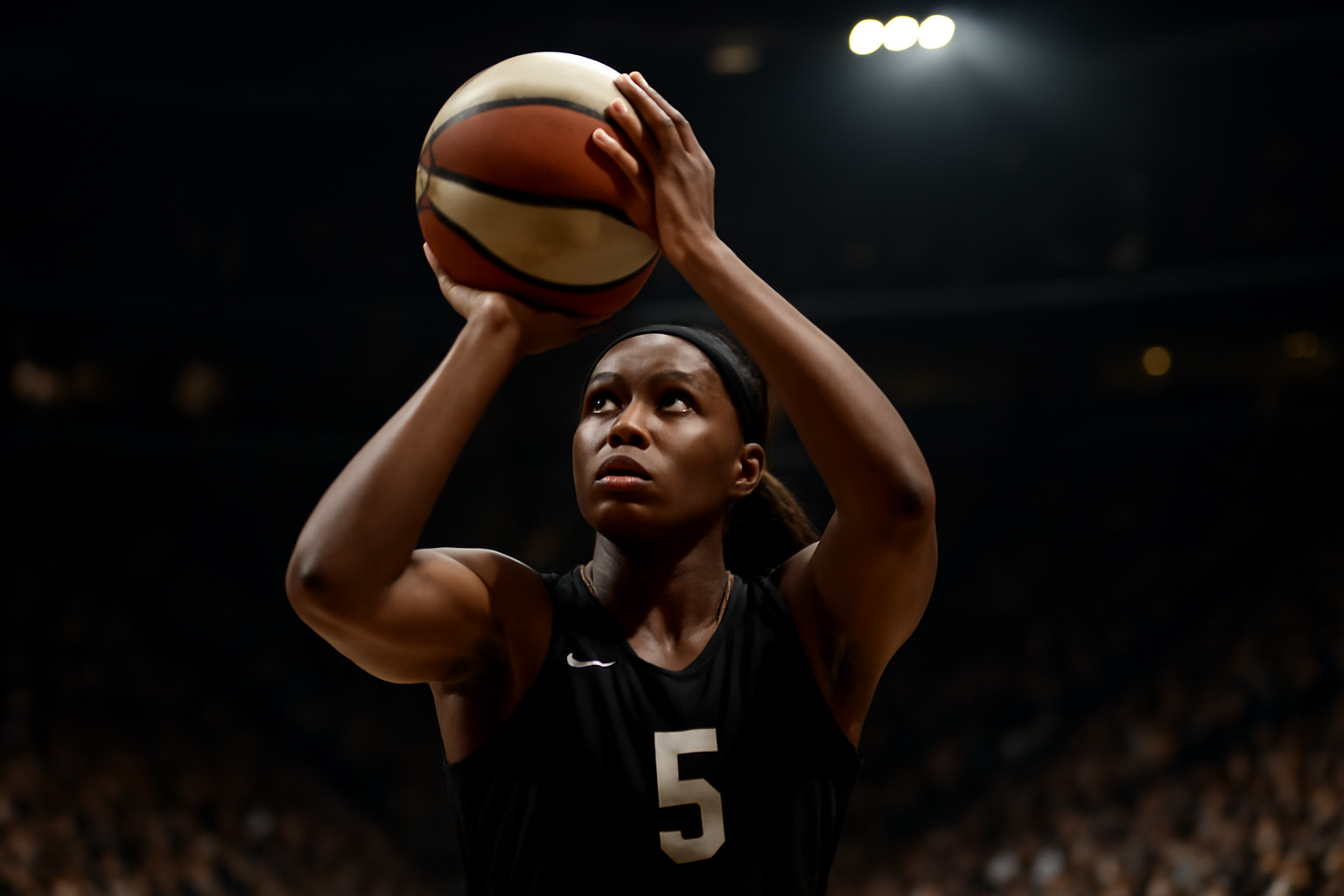 A WNBA forward shoots a free throw in a packed arena during a playoff game