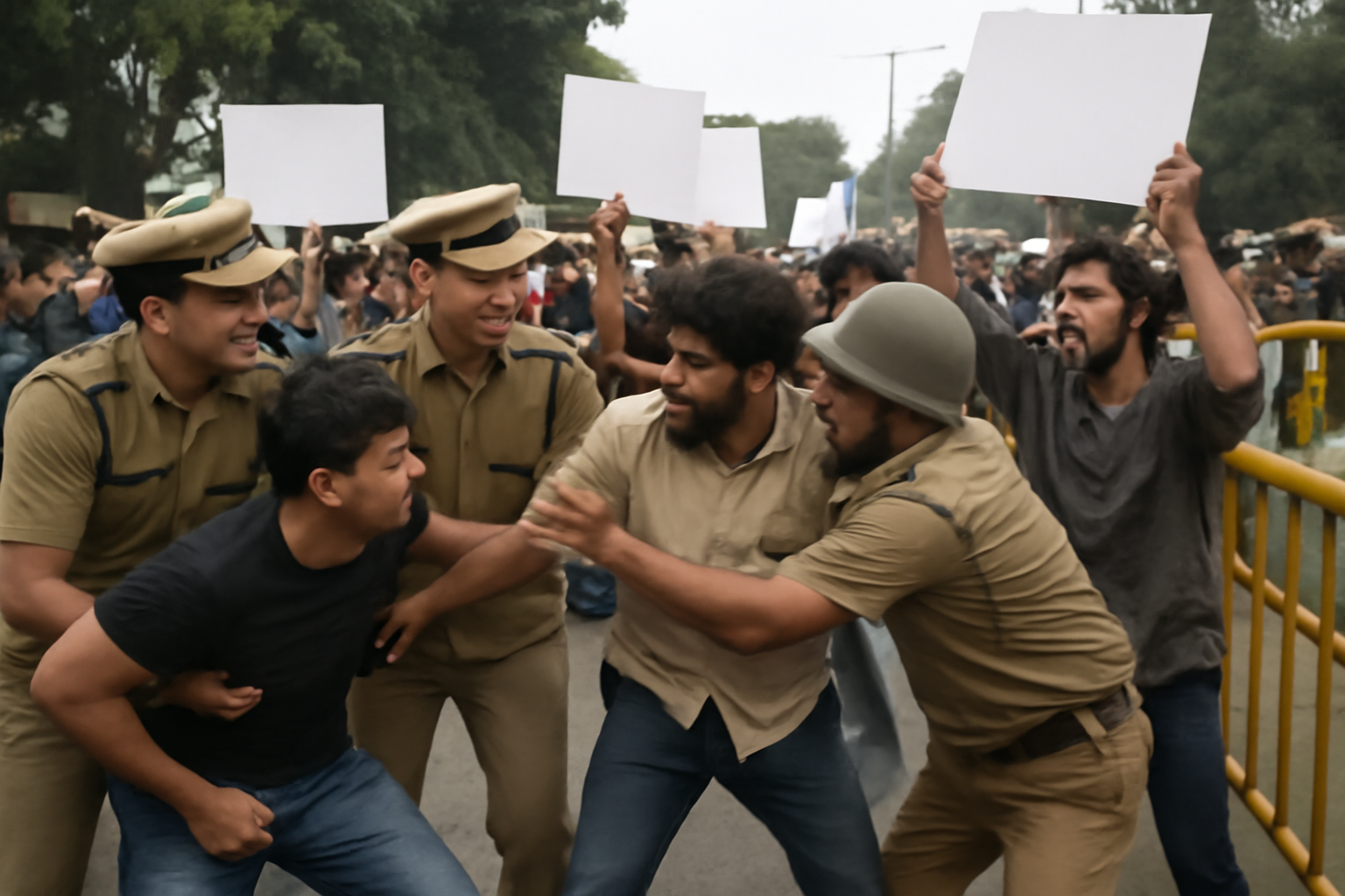 Police officers detaining a protester holding a placard during a demonstration outside government offices in India